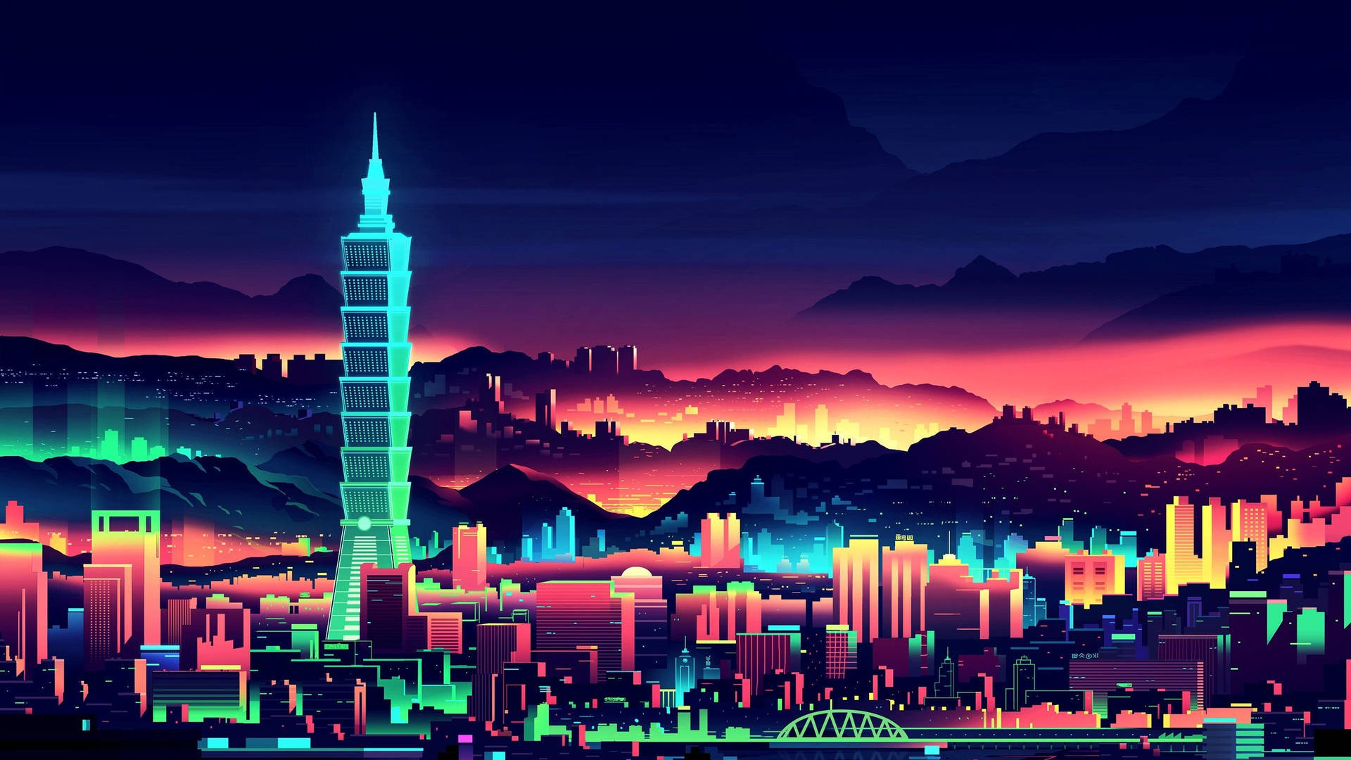 Taipei Neon City Buildings Background