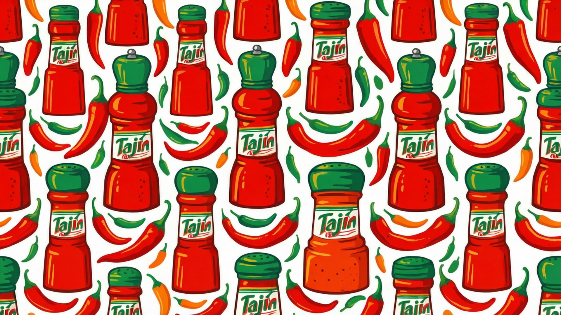 A seamless vector pattern of Tajin shakers and chili peppers in flat design.