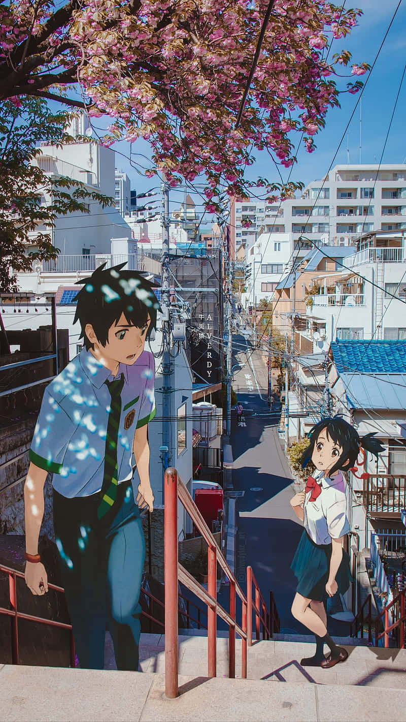 Taki og Mitsuha i Tokyo Anime Tapet Wallpaper