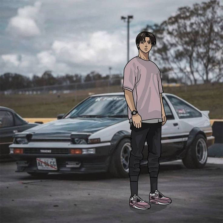 Takumi Fujiwara In Front Of A Car Anime Wallpaper