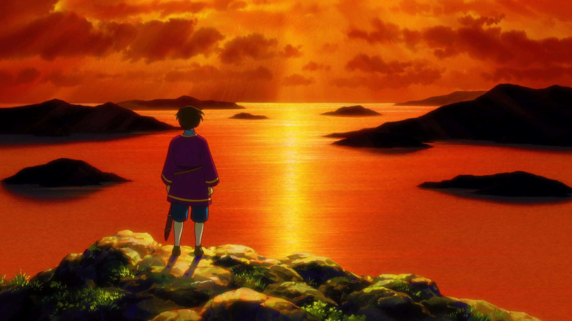 The powerful sorcerer, Ged, and Prince Arren in a scenic landscape from Tales from Earthsea Wallpaper