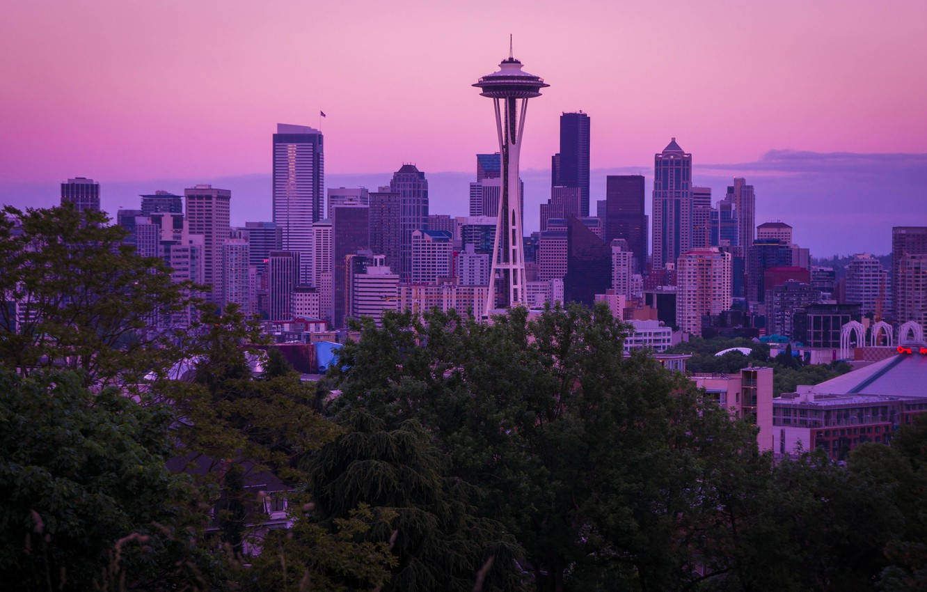 Tall Purple Buildings Seattle Skyline Wallpaper