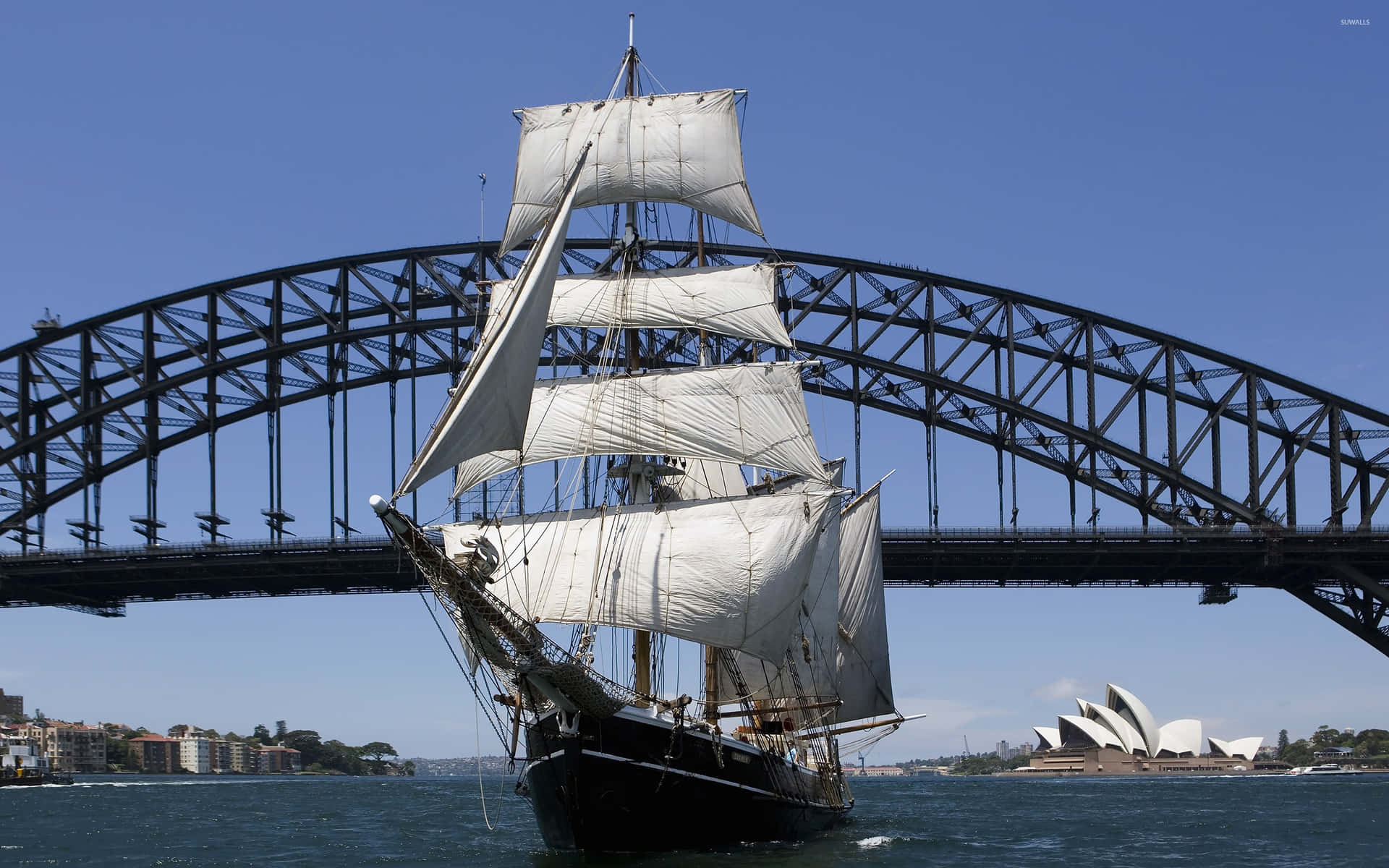 Tall_ Ship_ Sydney_ Harbour_ Bridge_ Opera_ House_ Background Wallpaper