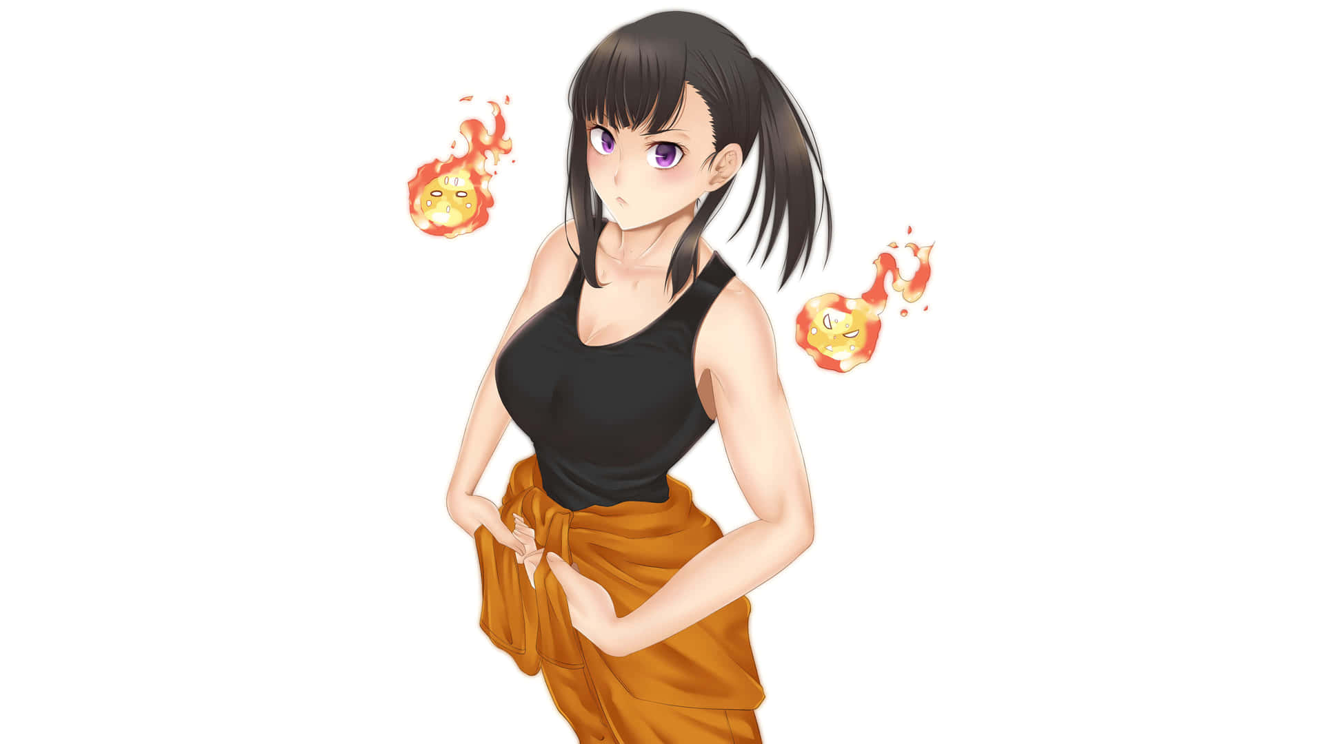 A Girl With A Black Hair And Orange Pants Wallpaper