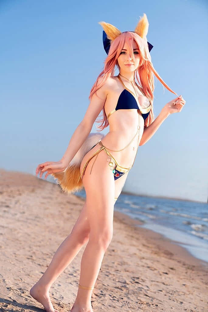 Tamamo No Mae Cosplay Strandzijde Achtergrond