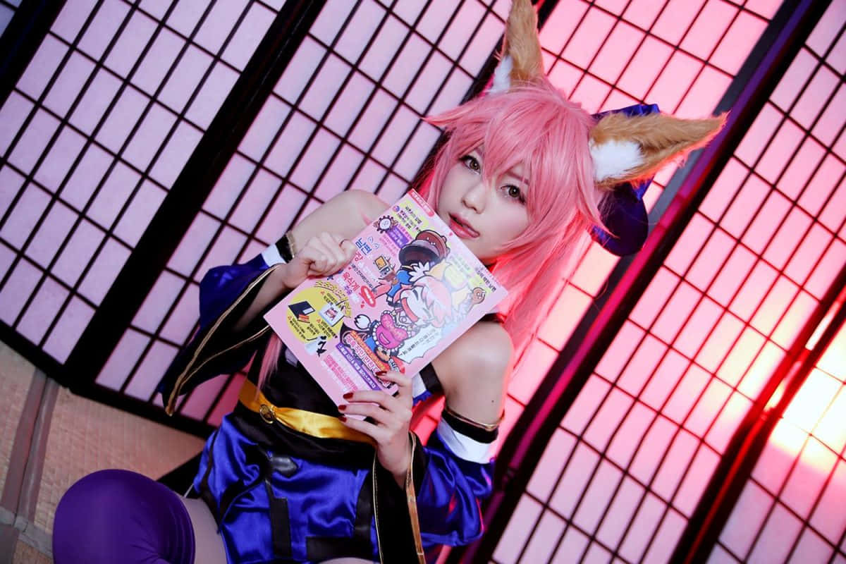 Tamamo No Mae Cosplay Met Manga Achtergrond