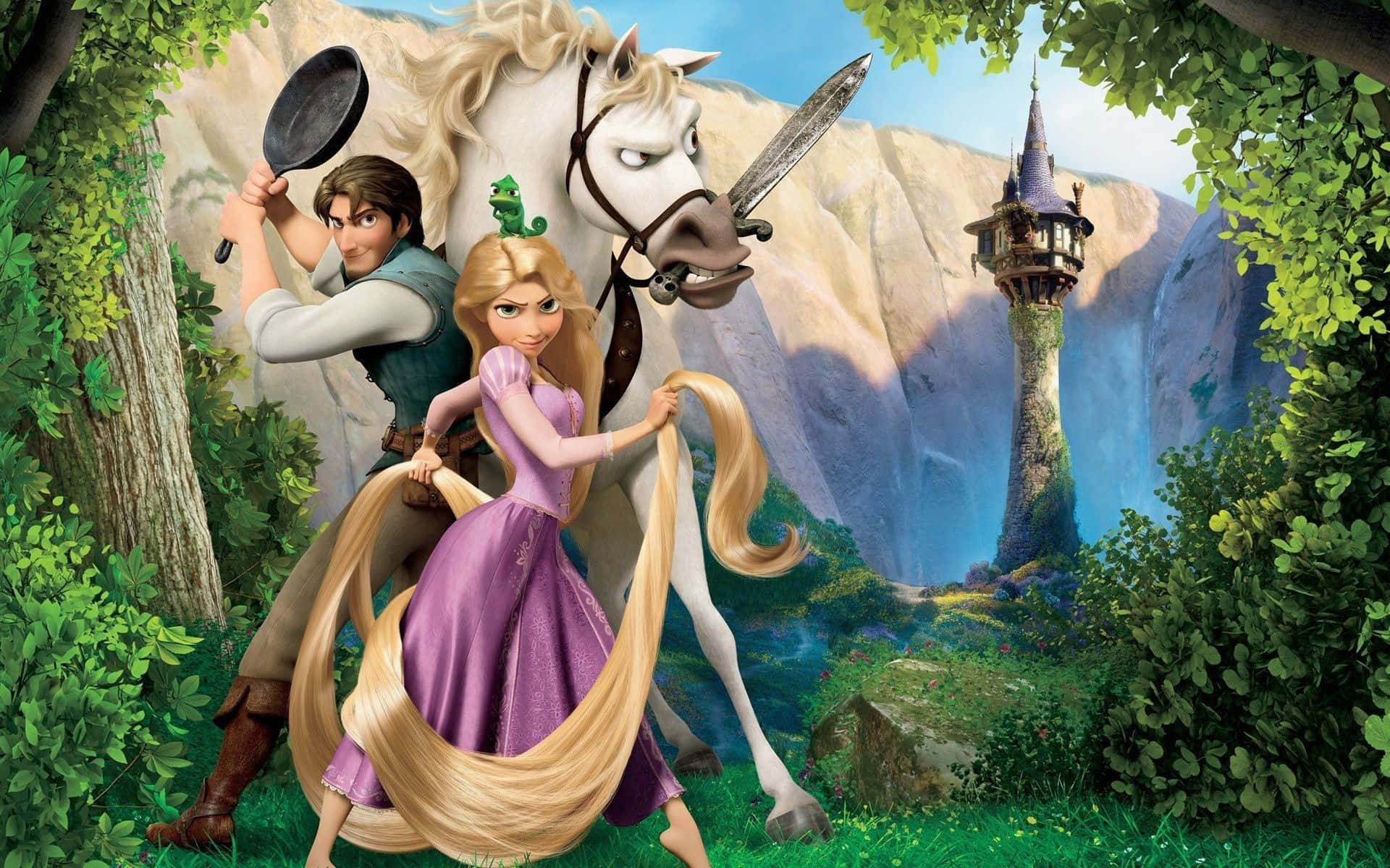 Flynnrider Och Rapunzel, De Två Huvudkaraktärerna I Disney's Tangled, Ger Sig Ut På Äventyr Tillsammans.