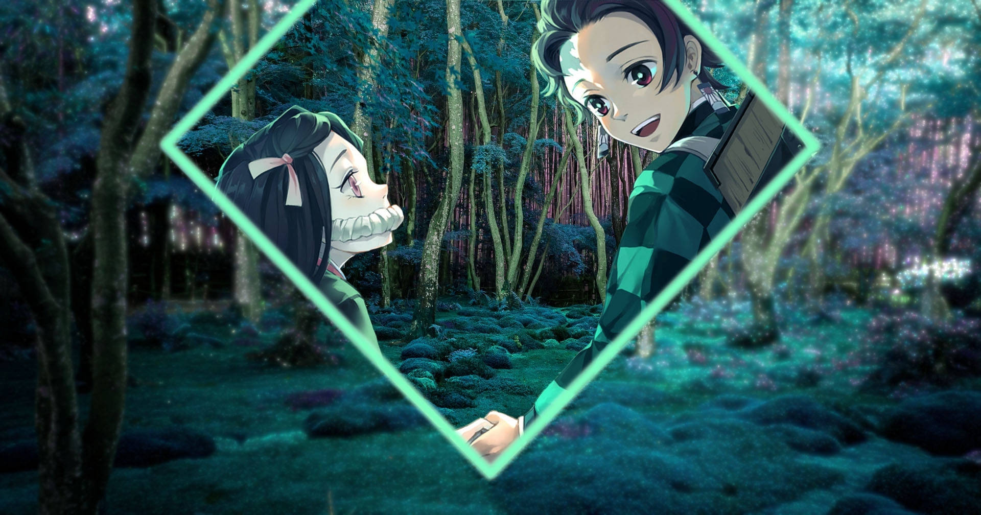 Tanjiro And Nezuko Diamond Inset Forest Wallpaper