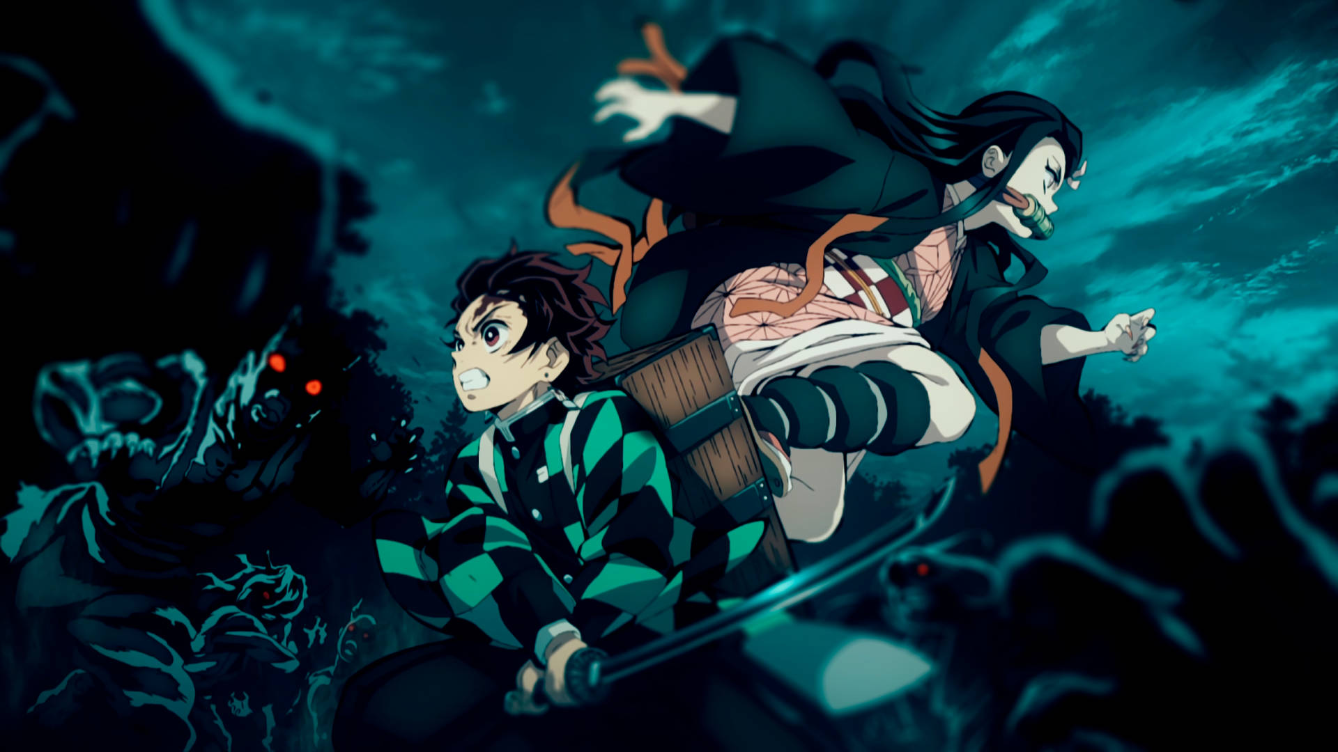 Tanjiro and Nezuko fight side by side against demons. Wallpaper