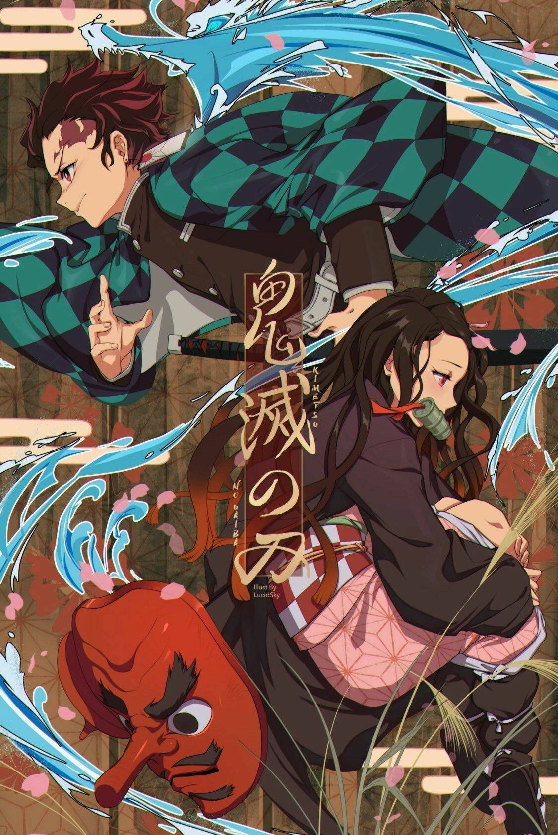 Tanjiro and Nezuko: Two Siblings Battling Fearless Demons Wallpaper