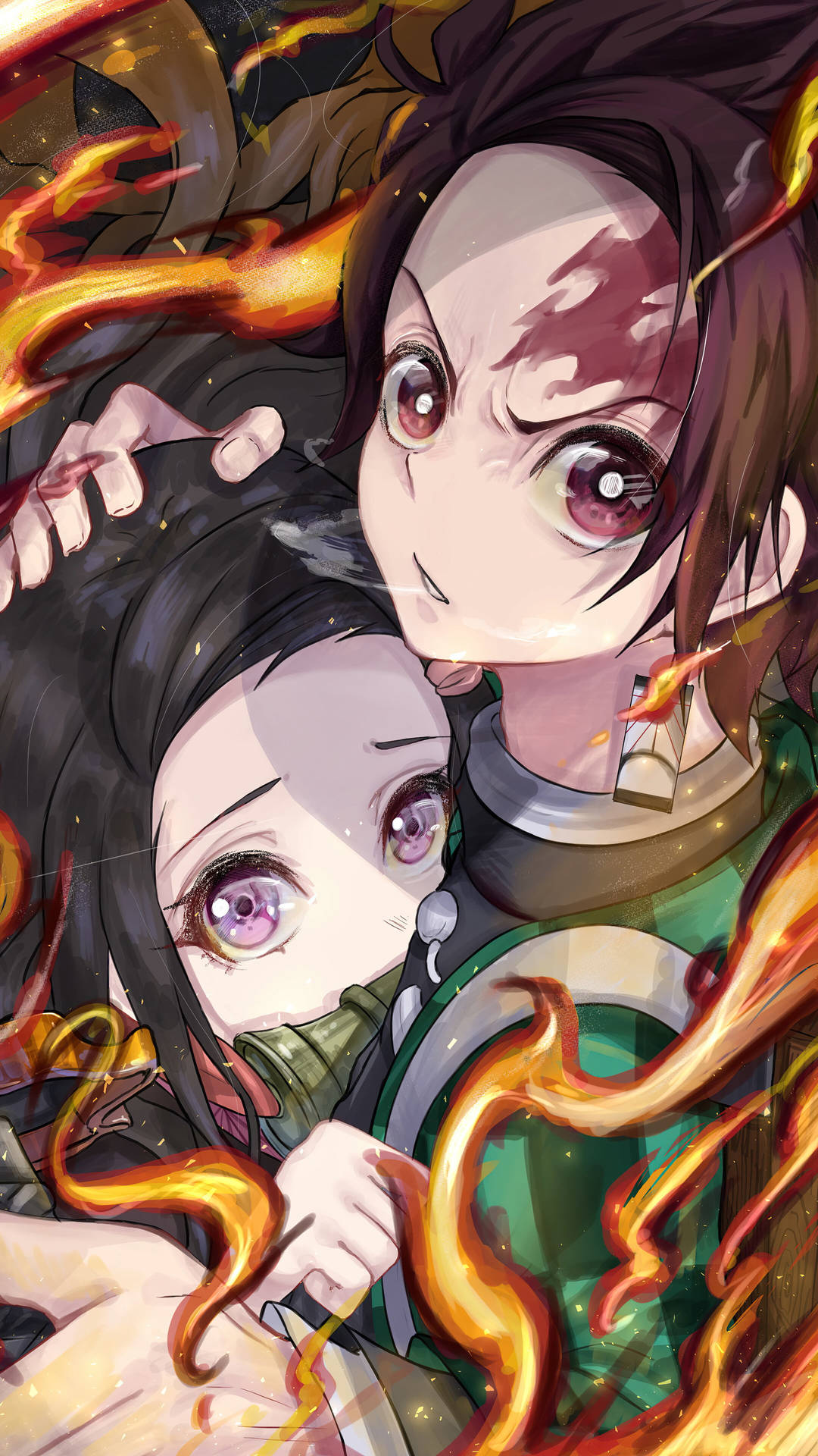Tanjiro And Nezuko Protect Flames Wallpaper