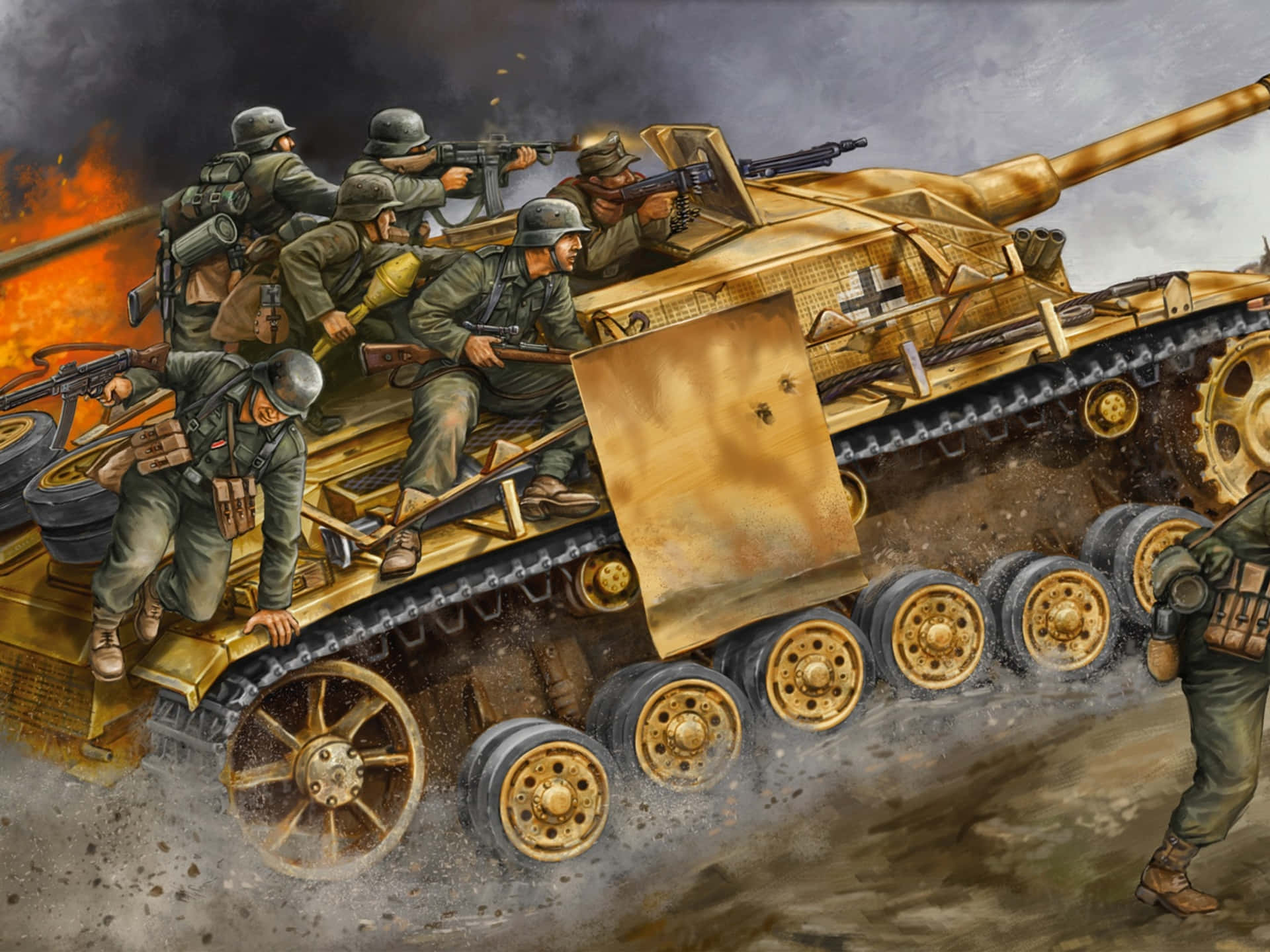 A Painting Of A Tank With Soldiers On It