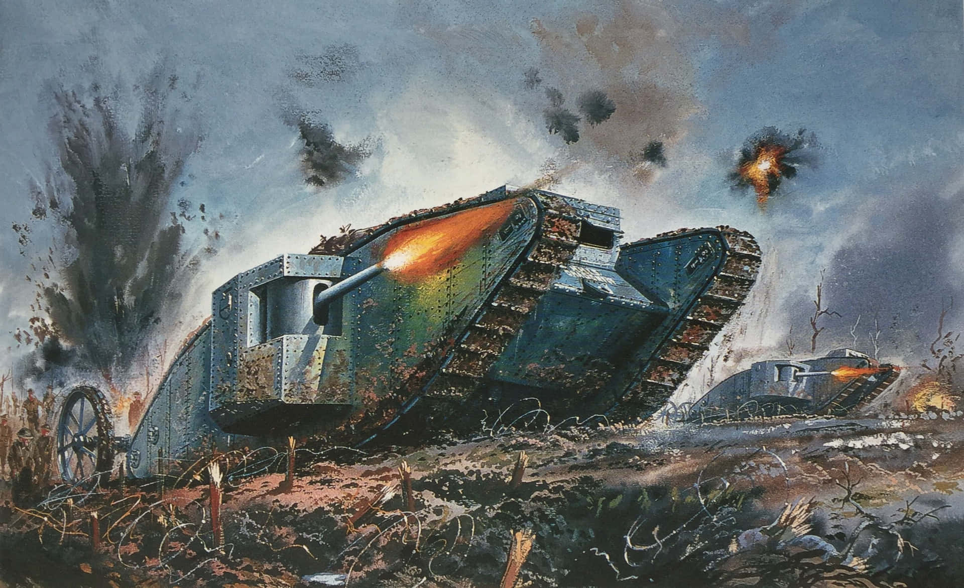 A Painting Of Two Tanks In The Field
