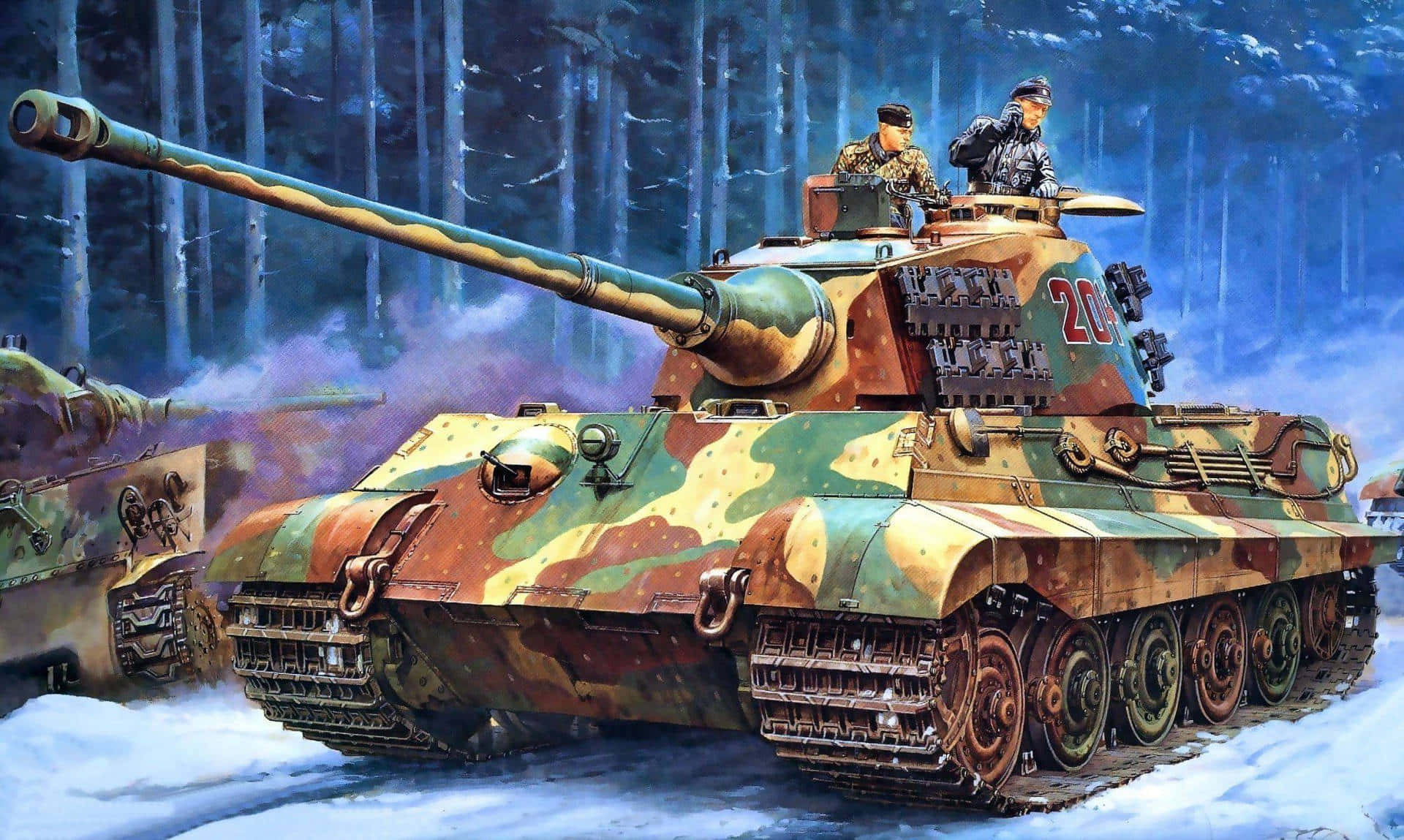 A Painting Of A Tank Driving Through The Snow