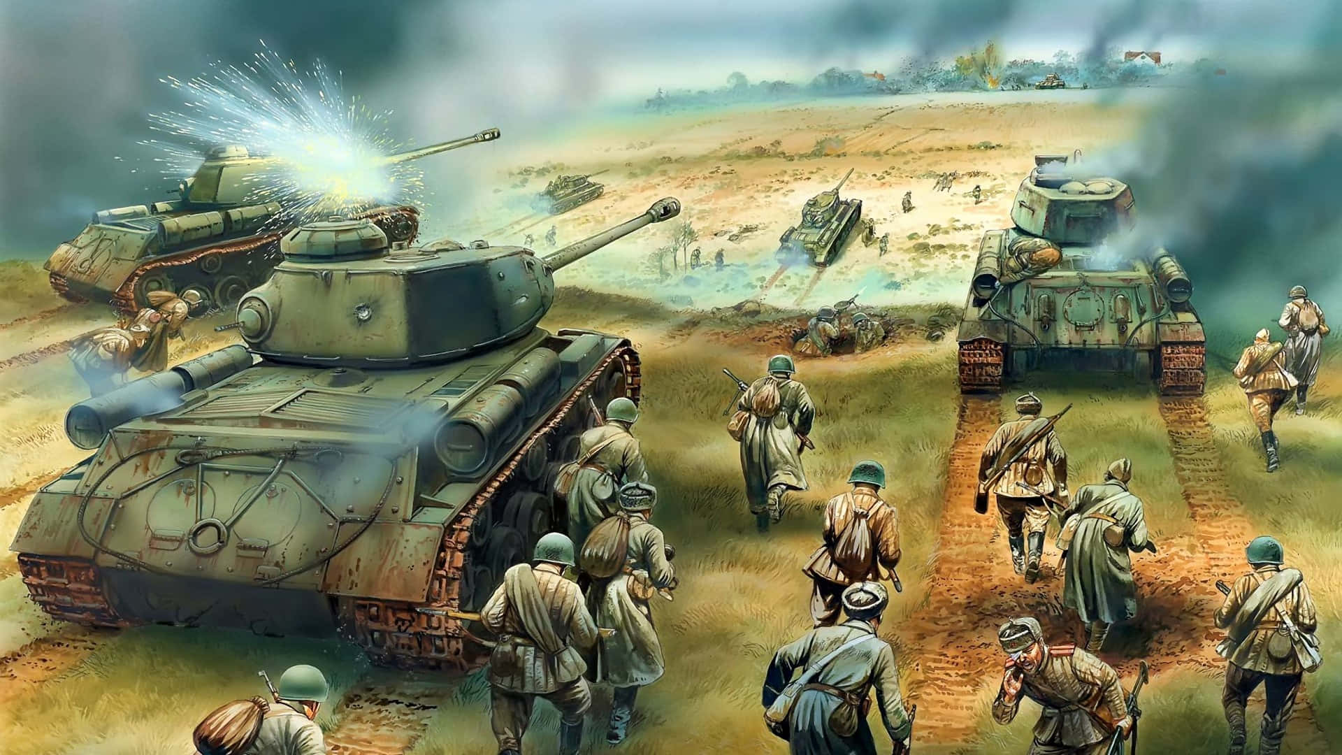 A Painting Of Soldiers And Tanks In The Field