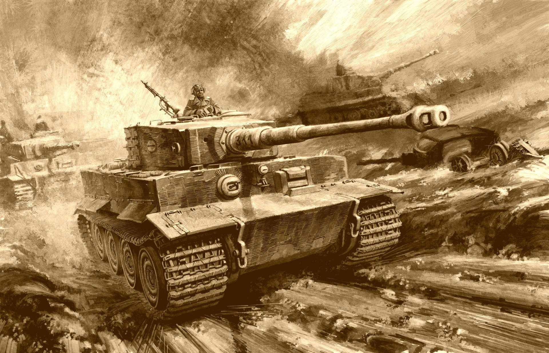 Tank Monochrome Sepia Illustration Wallpaper