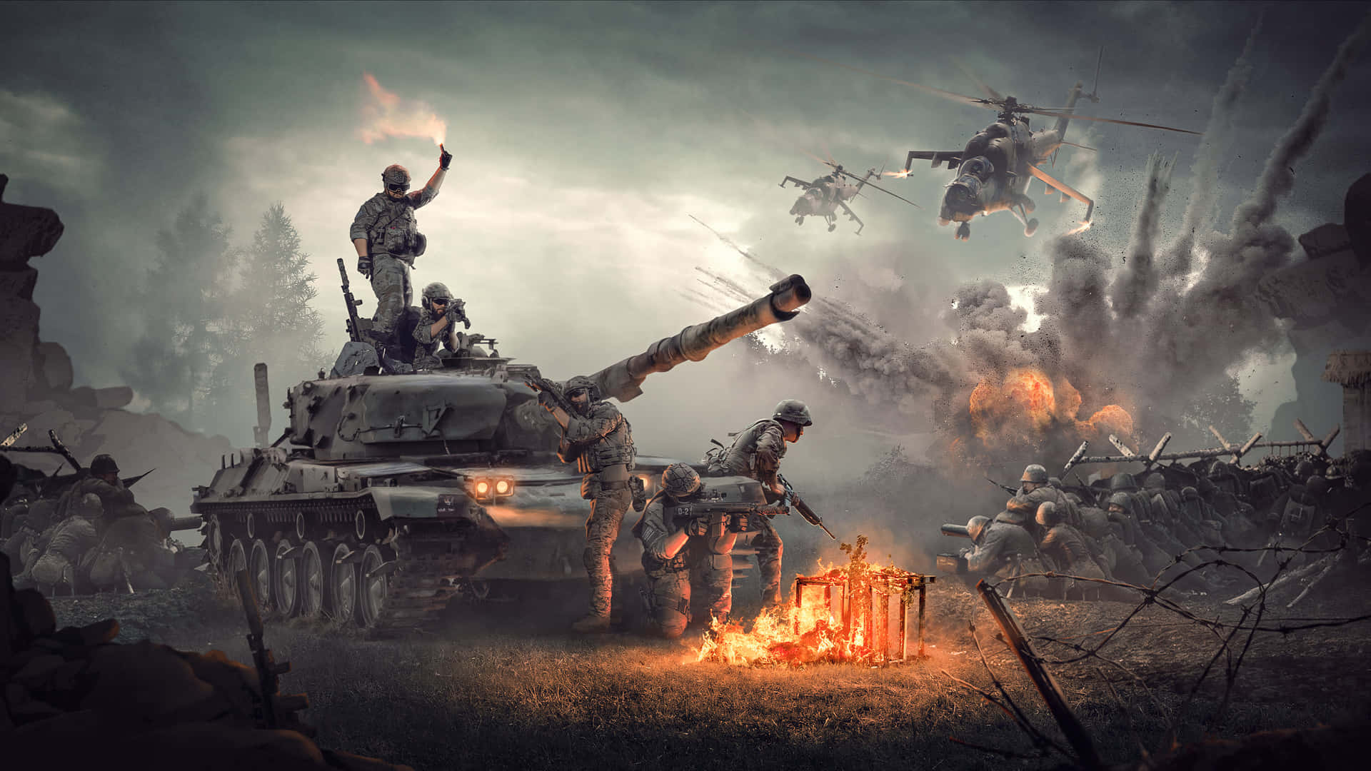 A Tank With Soldiers And A Fire