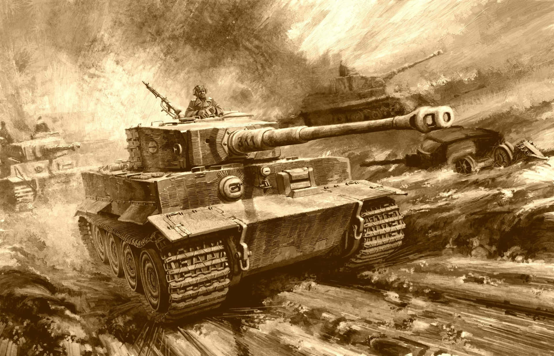 A Painting Of Two Tanks In The Mud