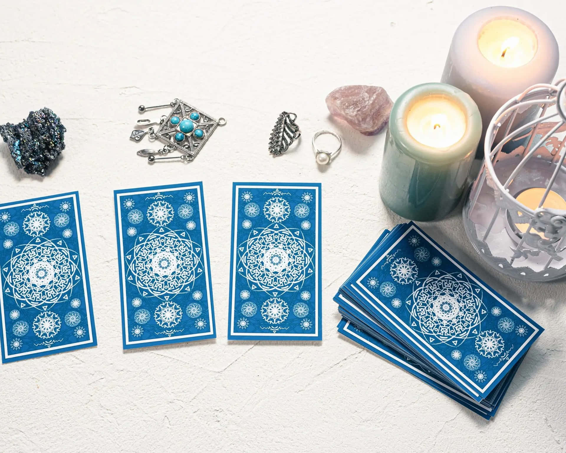 Stunning tarot card spread on mystical background