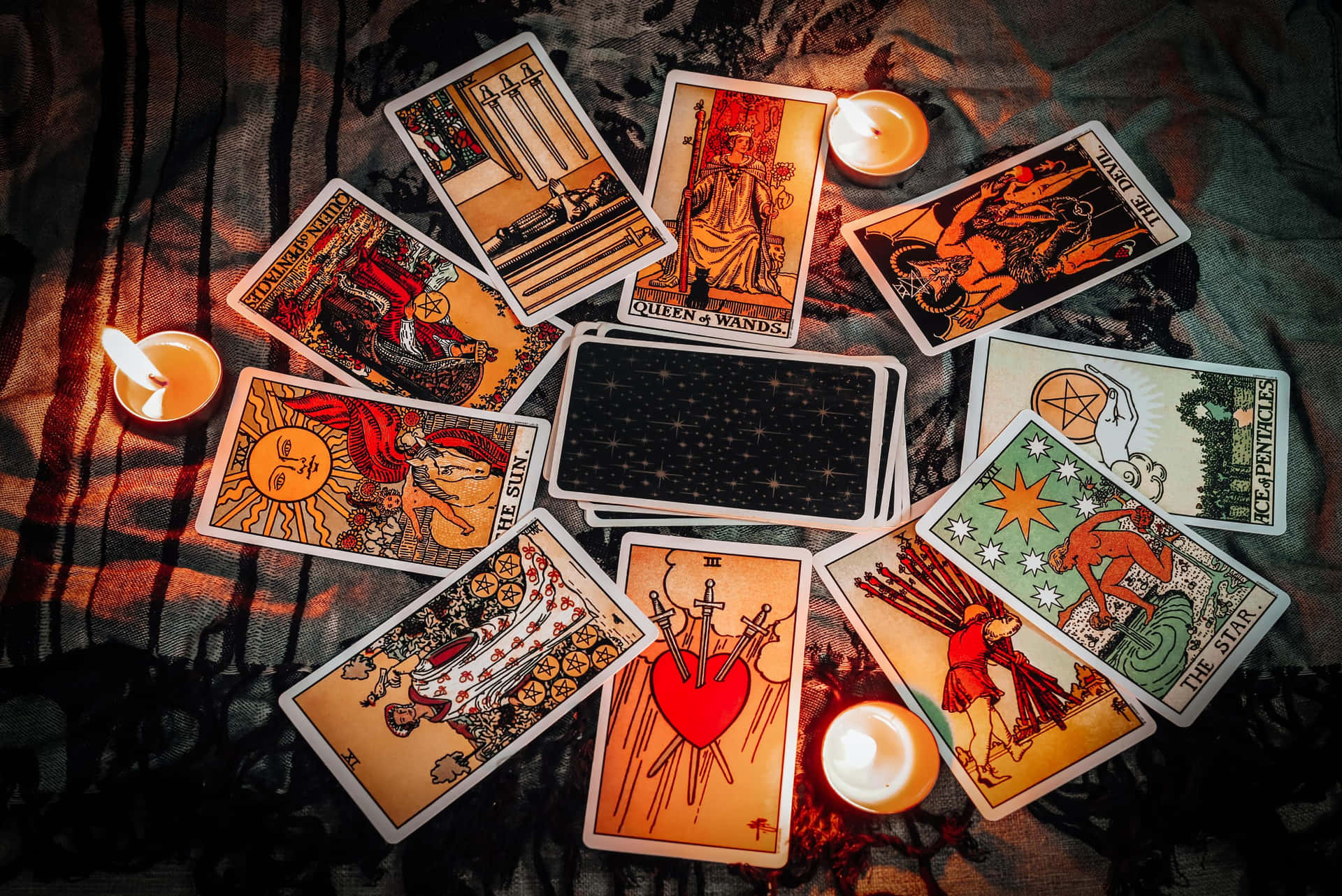 Mysterious Tarot Card Spread on a Dark Background