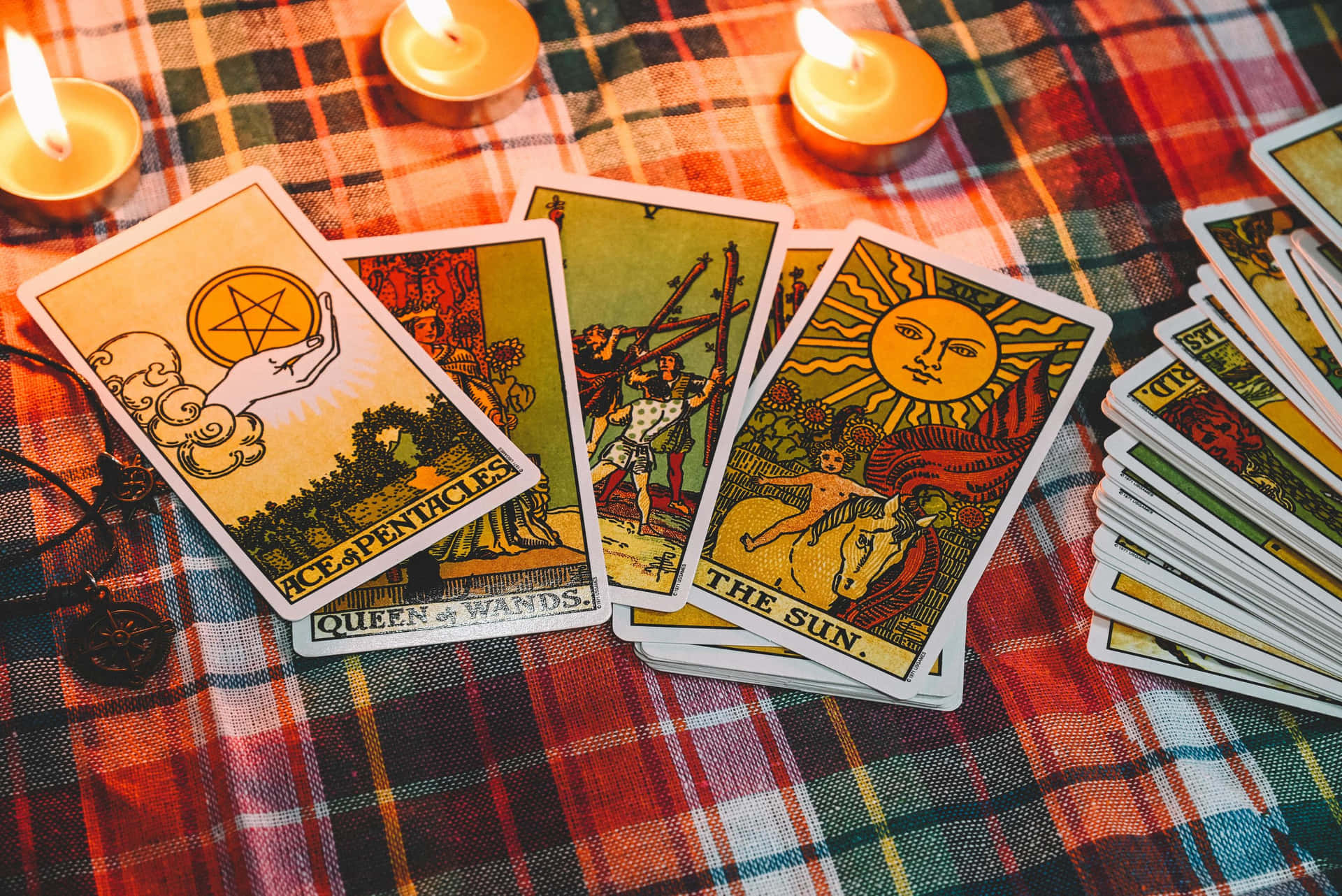 A spectacular tarot card spread showcasing the divine connection between tarot and the universe