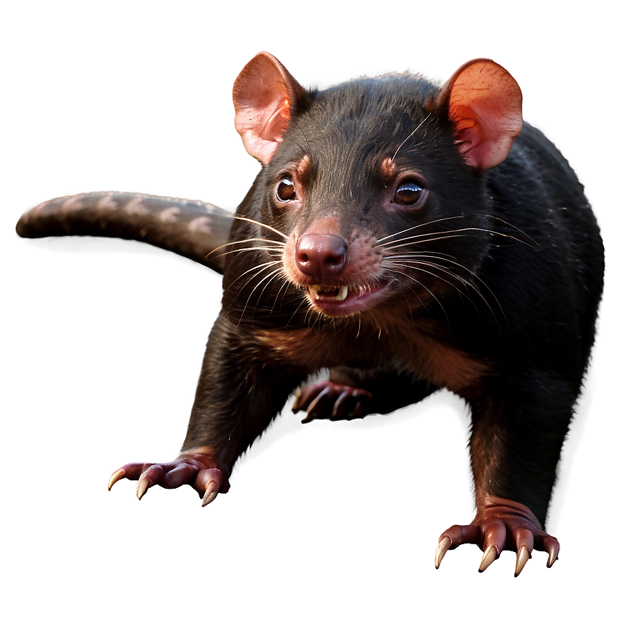 tasmanian devil d PNG — A close-up of a Tasmanian devil with glowing eyes and sharp claws against a dark gradient background.