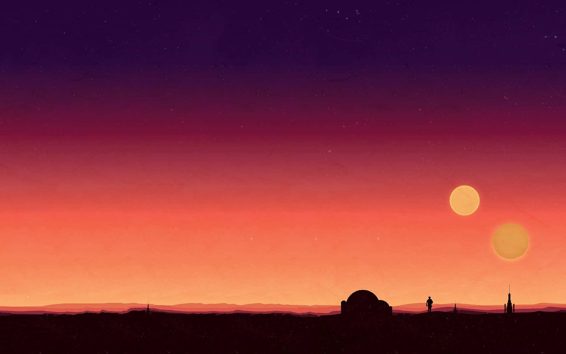 A view of the desert planet of Tatooine with its twin suns in the sky Wallpaper