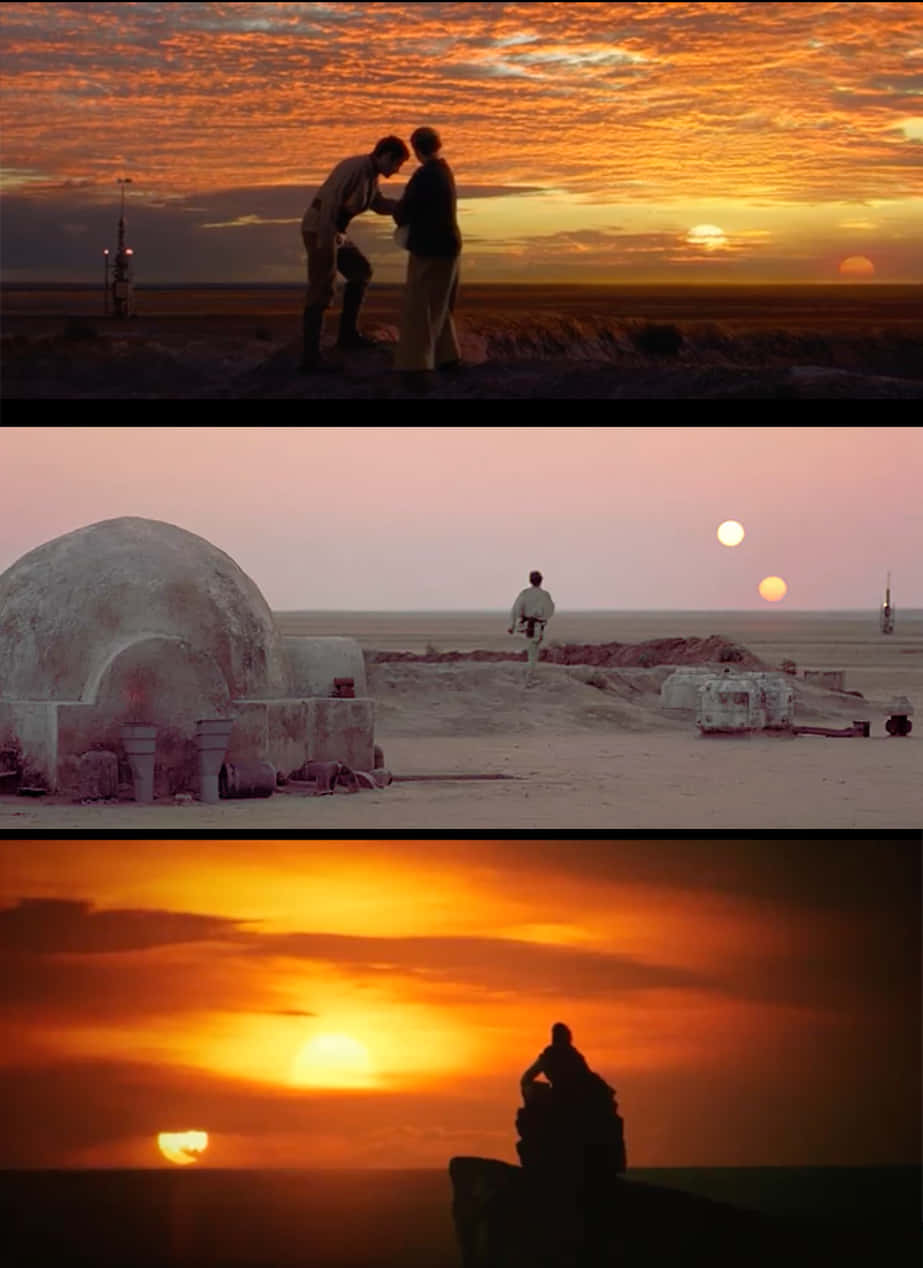 Binärsolnedgångskollage Med Tatooine I Bakgrunden