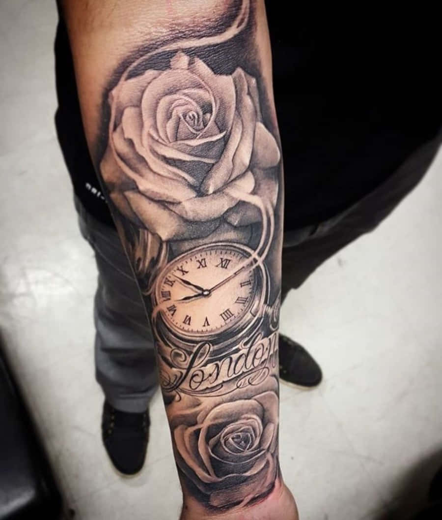 Clock And Roses Tattoo Arm Picture