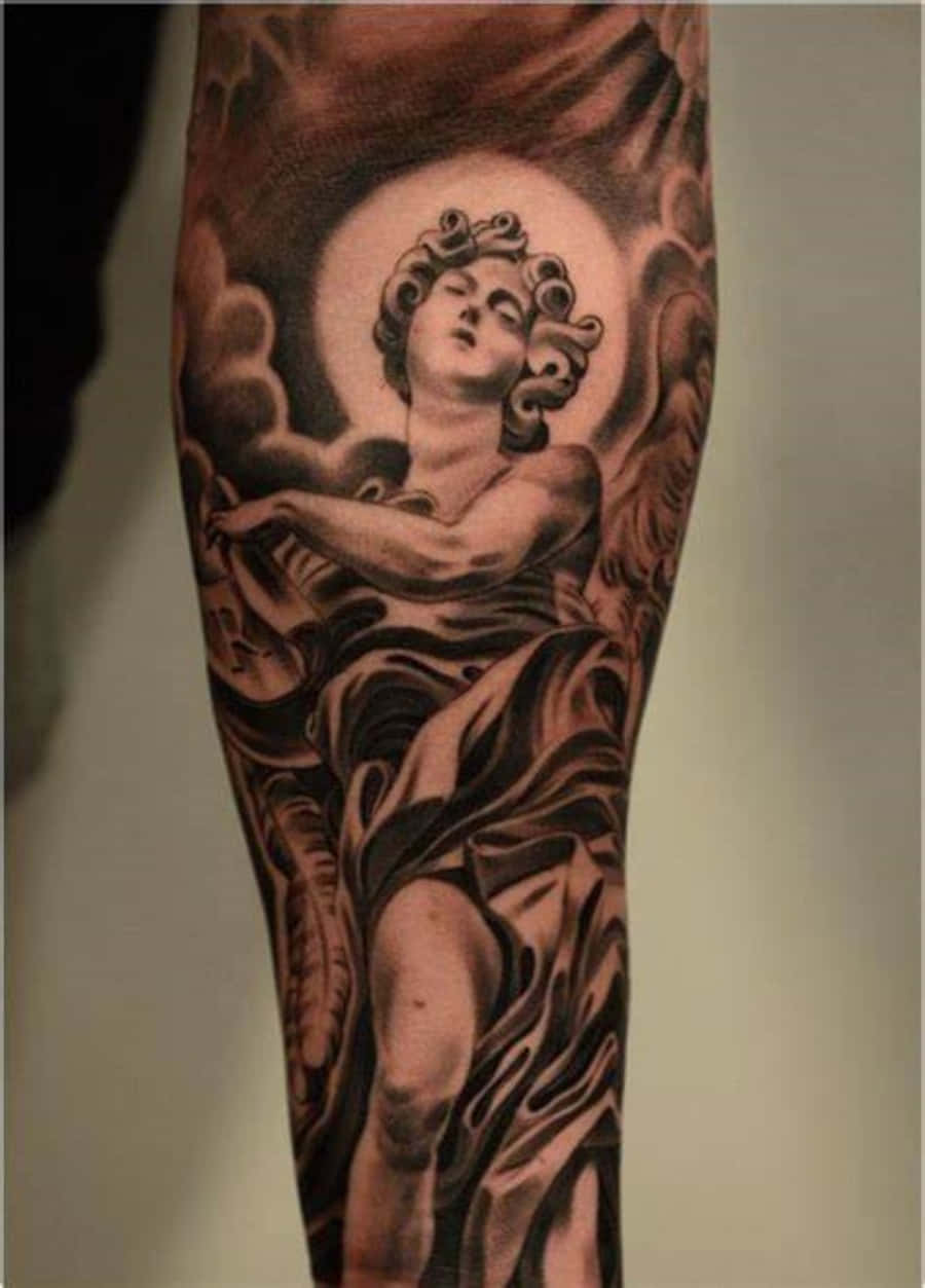 Cupid Cherub With Angel Tattoo On Man Left Full Sleeve