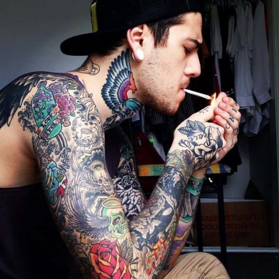 Handsome Tattoo Boy in Black Outfit