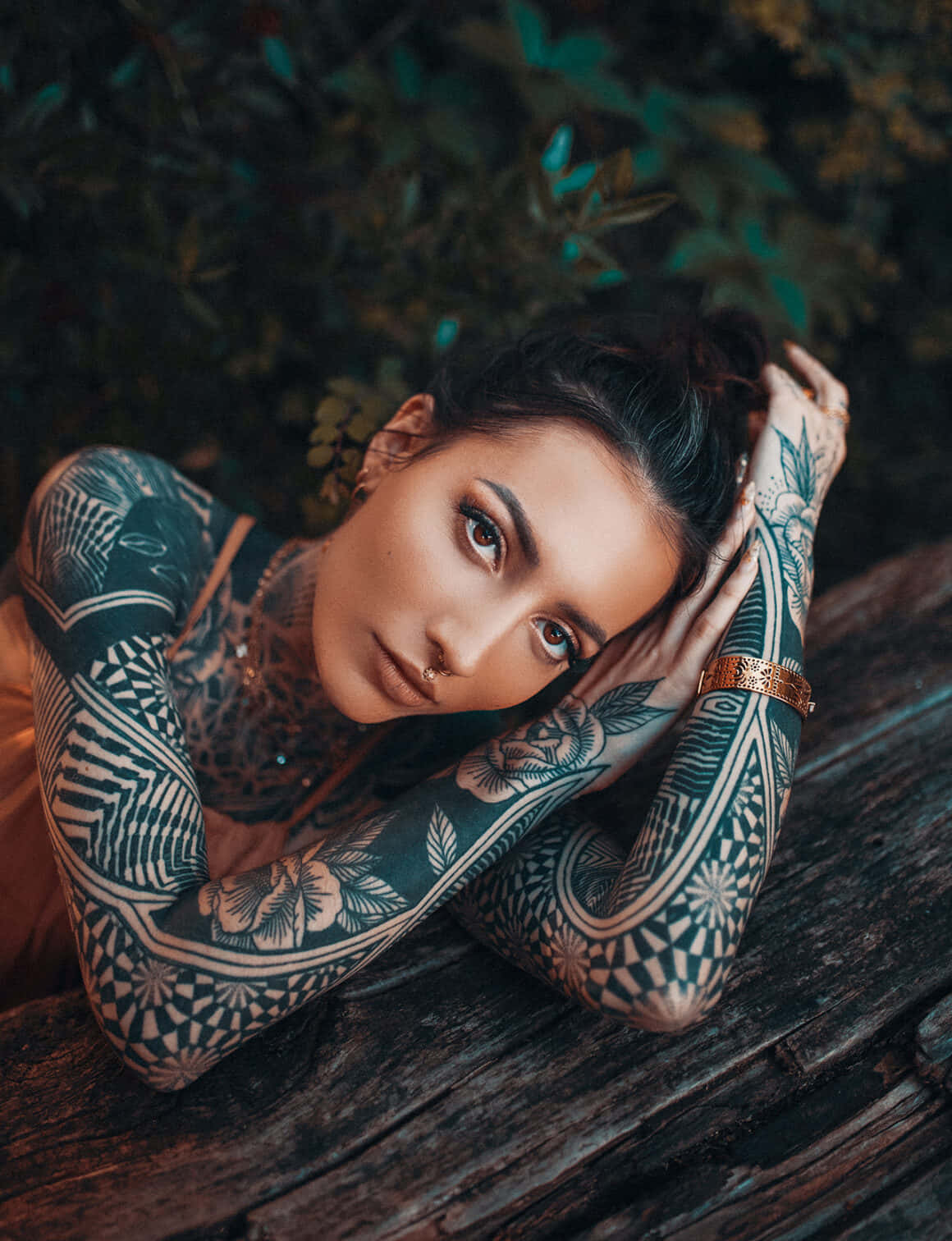 Vibrant Tattoo Girl Looking Into the Distance