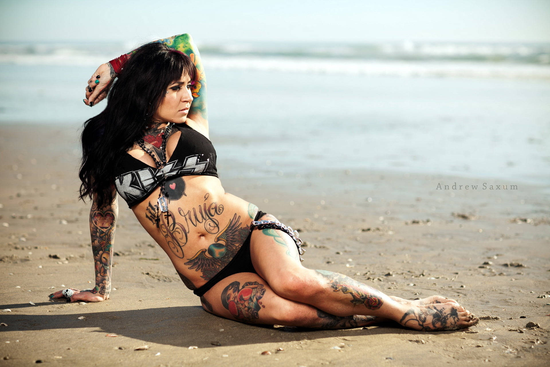 Tattooed Beach Woman Bikini Wallpaper