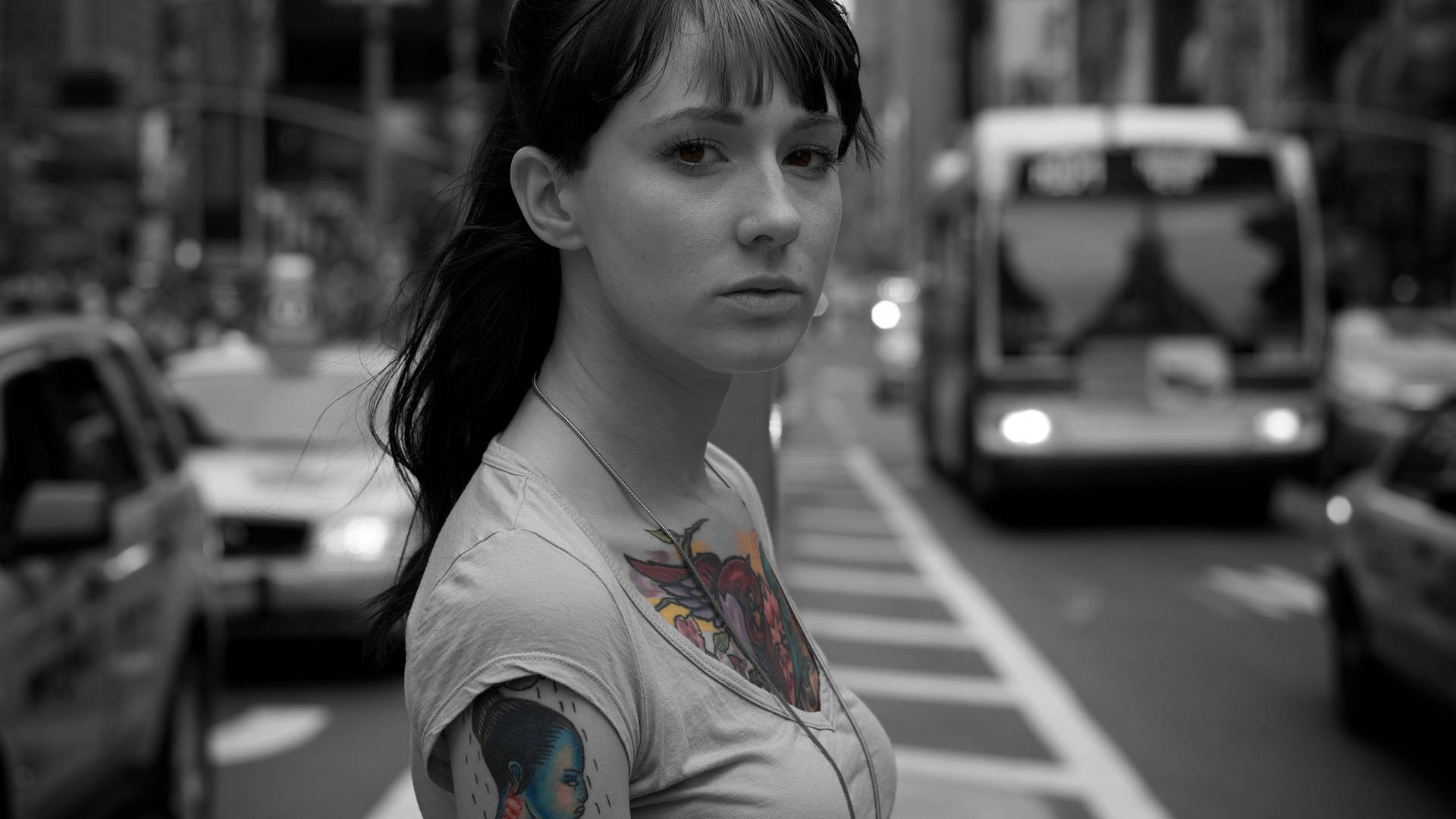 Tattooed Women On Time Square Nyc Background