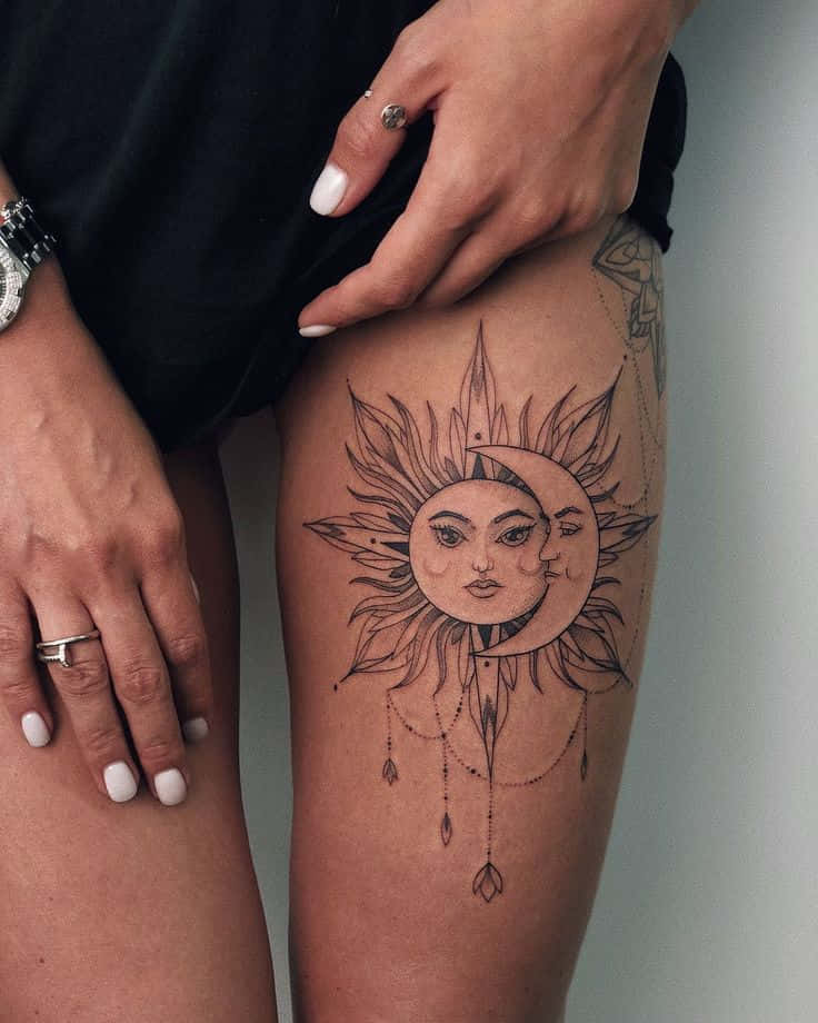 Tattoos Thigh Detailed Sun And Moon Pictures