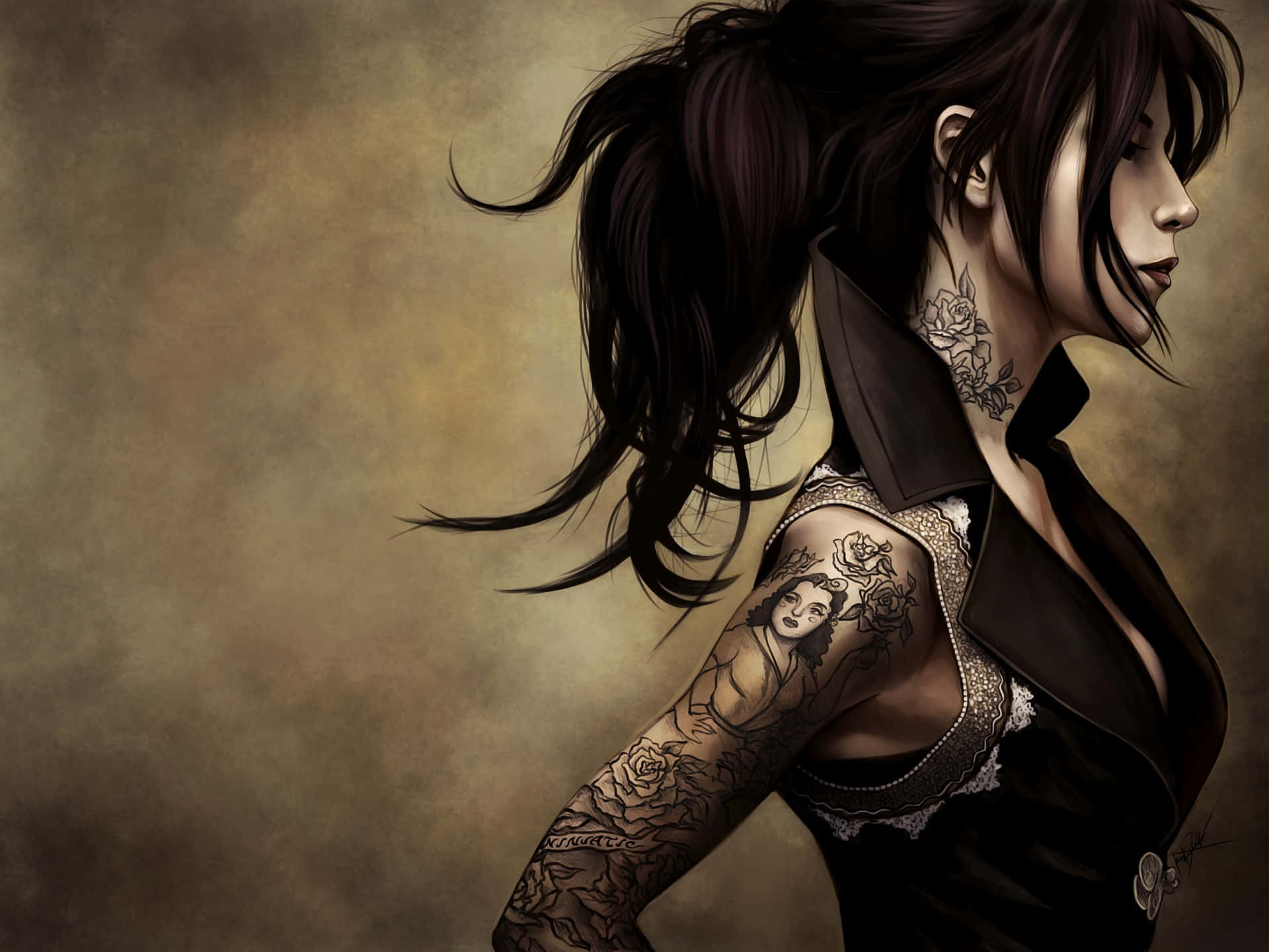 Tatuagemno Pescoço De Uma Mulher Ilustrada. Papel de Parede