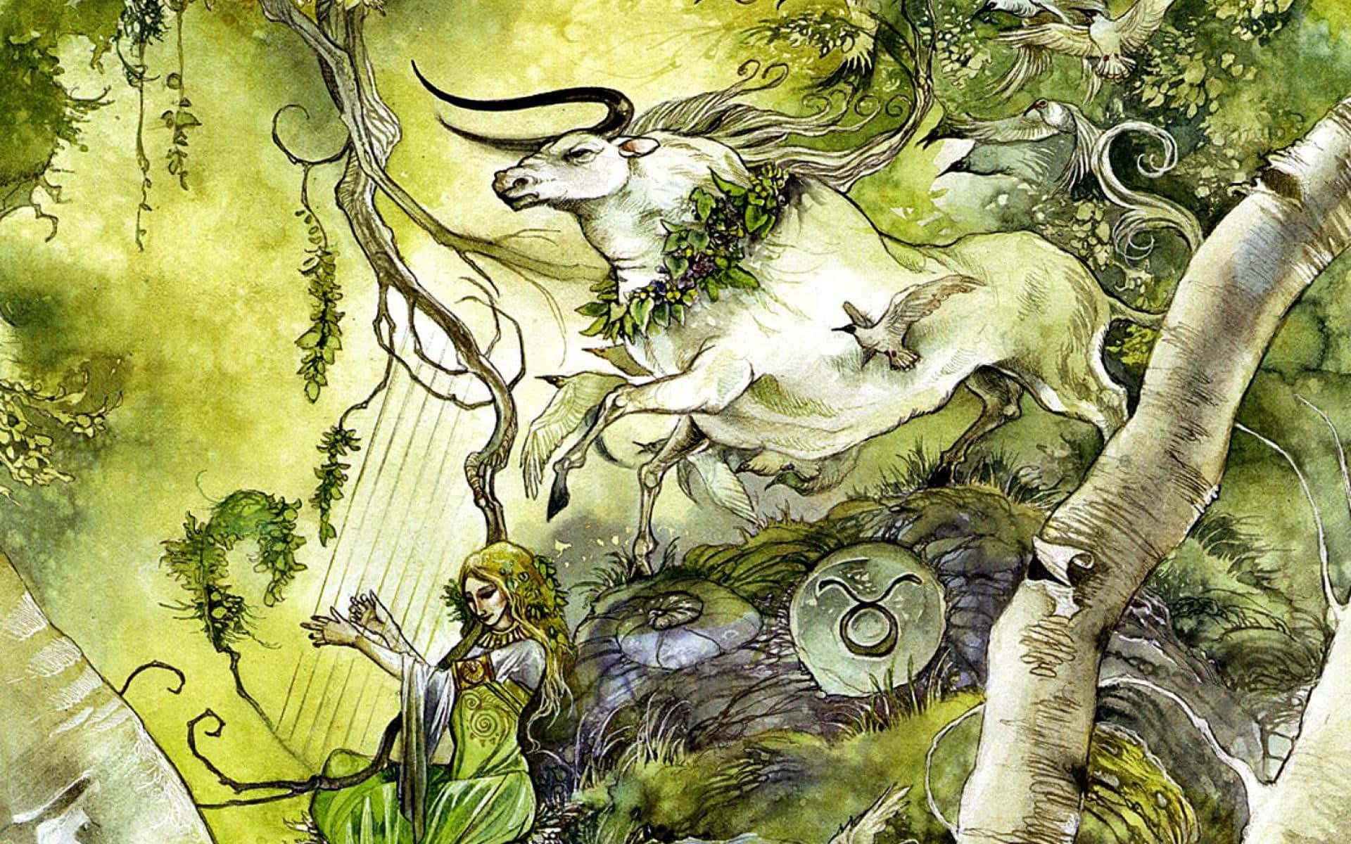A Painting Of A Woman With A Goat In The Woods