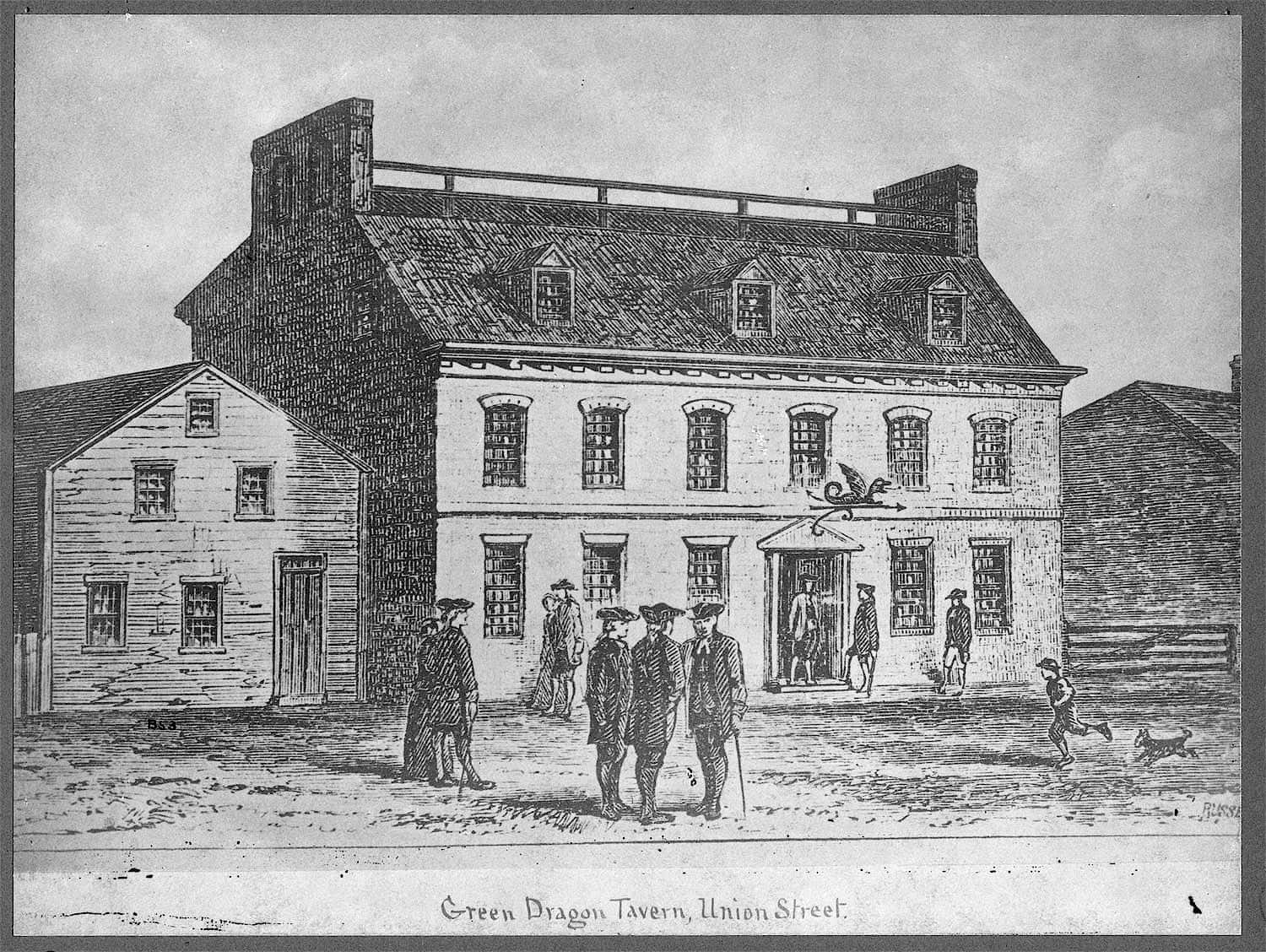A Black And White Drawing Of A House With Men Standing Outside