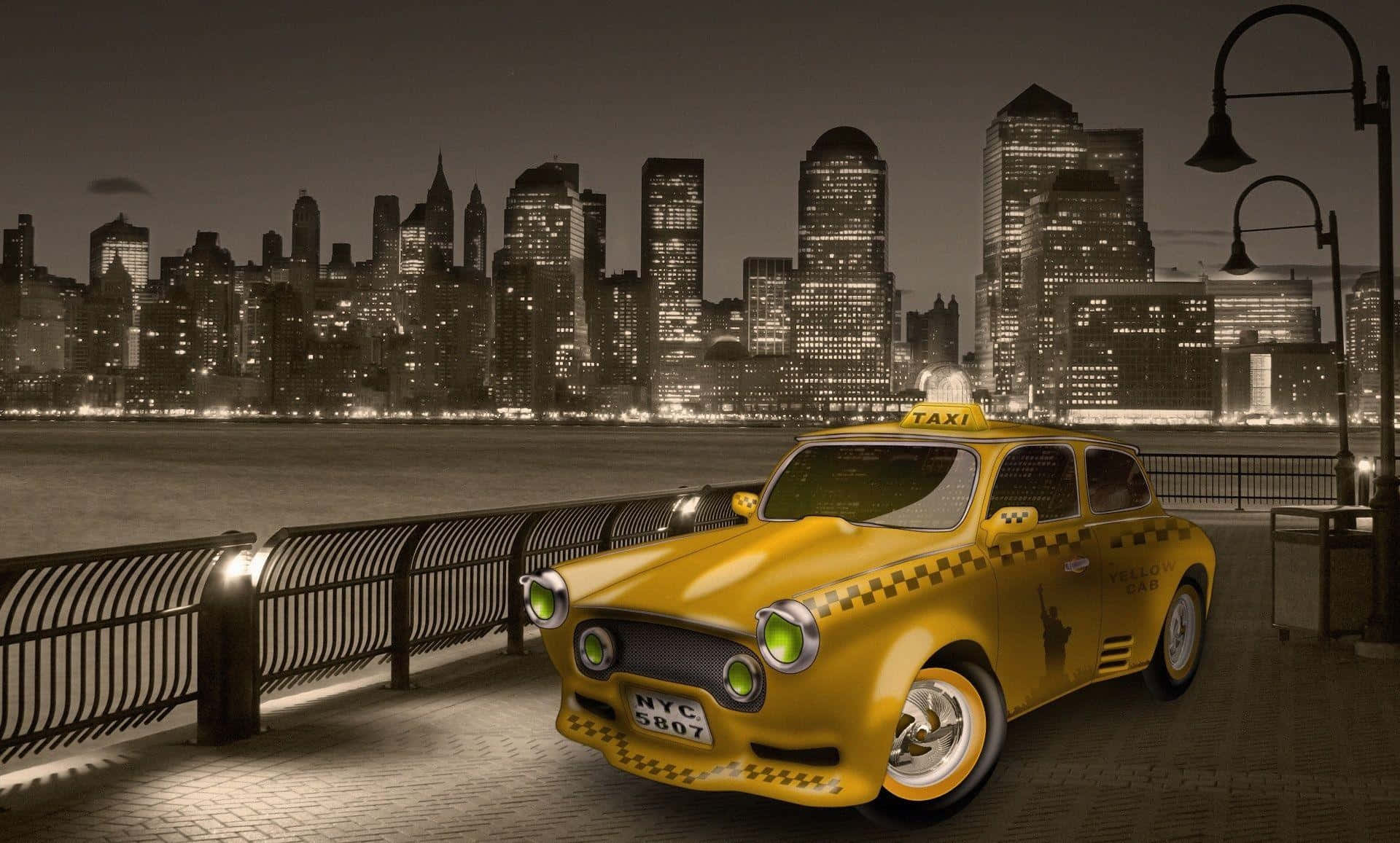 An empty yellow taxi stops at the curb, waiting for its next passenger.