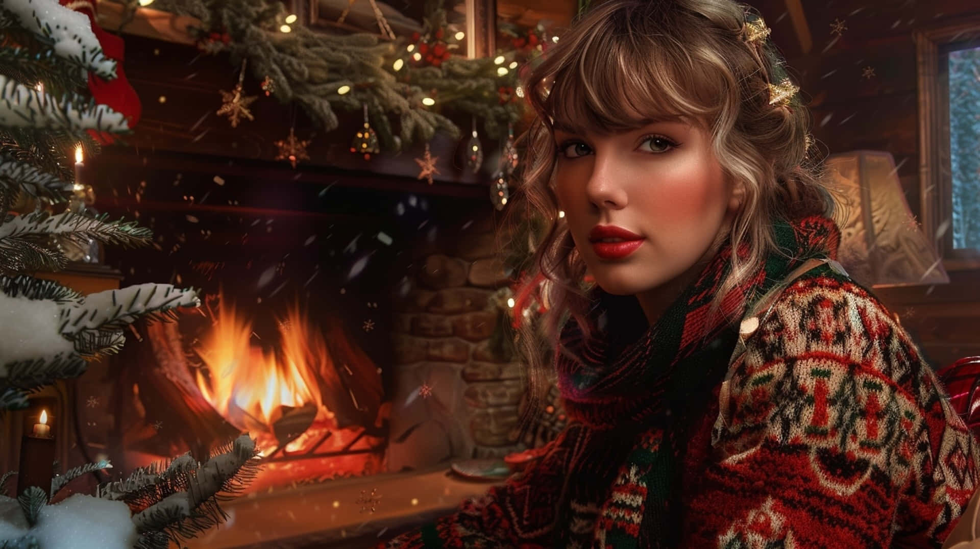 Taylor Swift Christmas Cosy Fireplace Scene Wallpaper