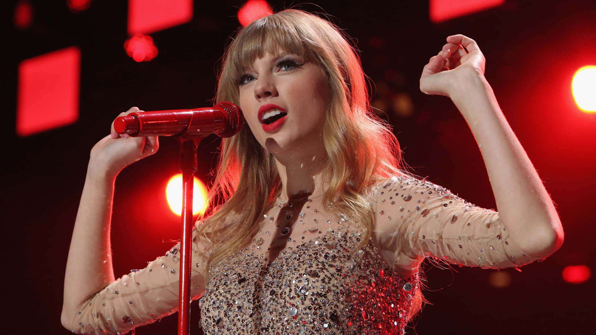 Taylor Swift Performing Live Red Microphone Wallpaper