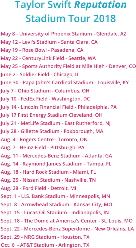 Taylor Swift Reputation Tour Dates2018 PNG
