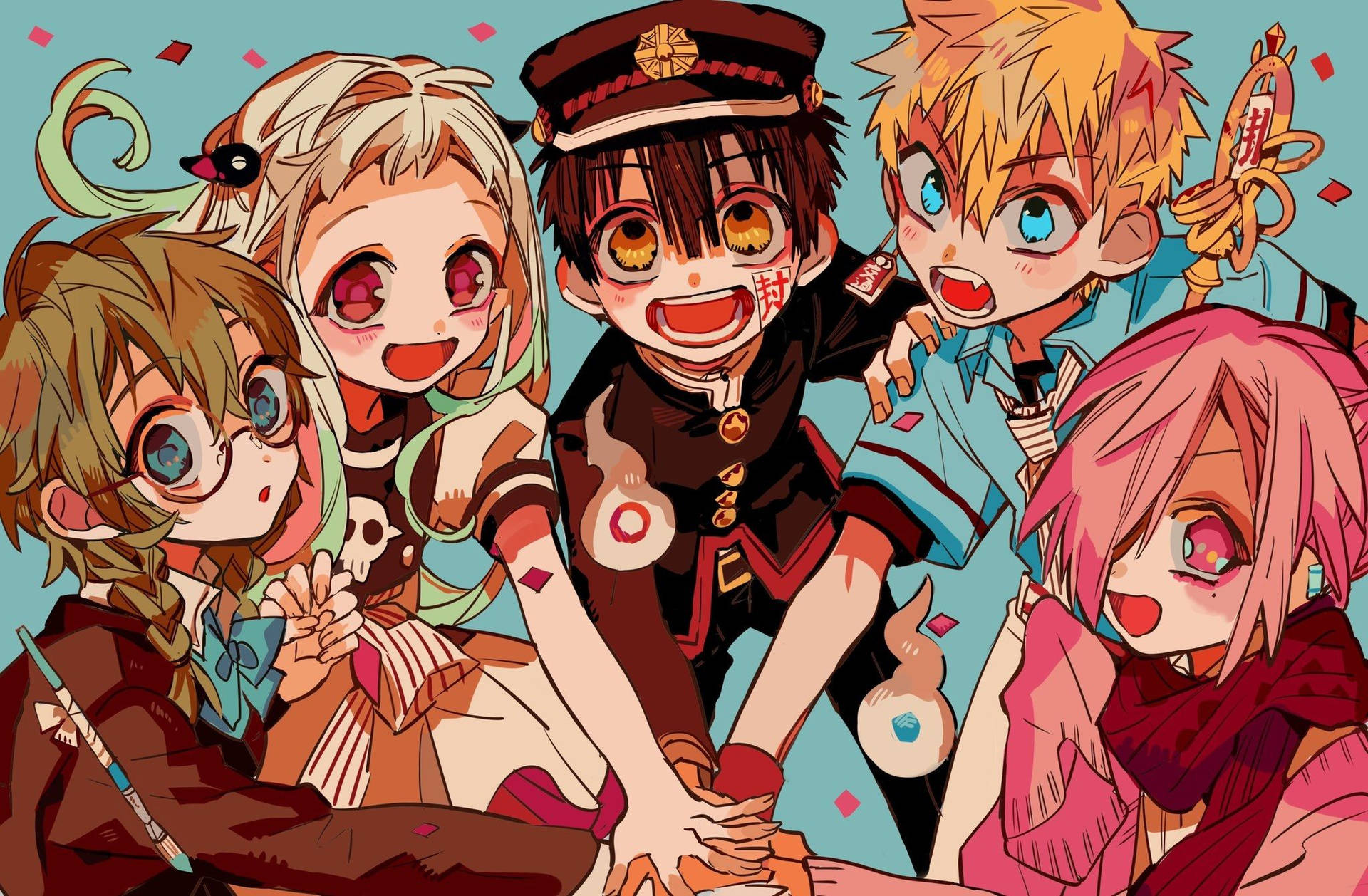 En gruppe anime-karakterer med rosa hår og blå øjne Wallpaper