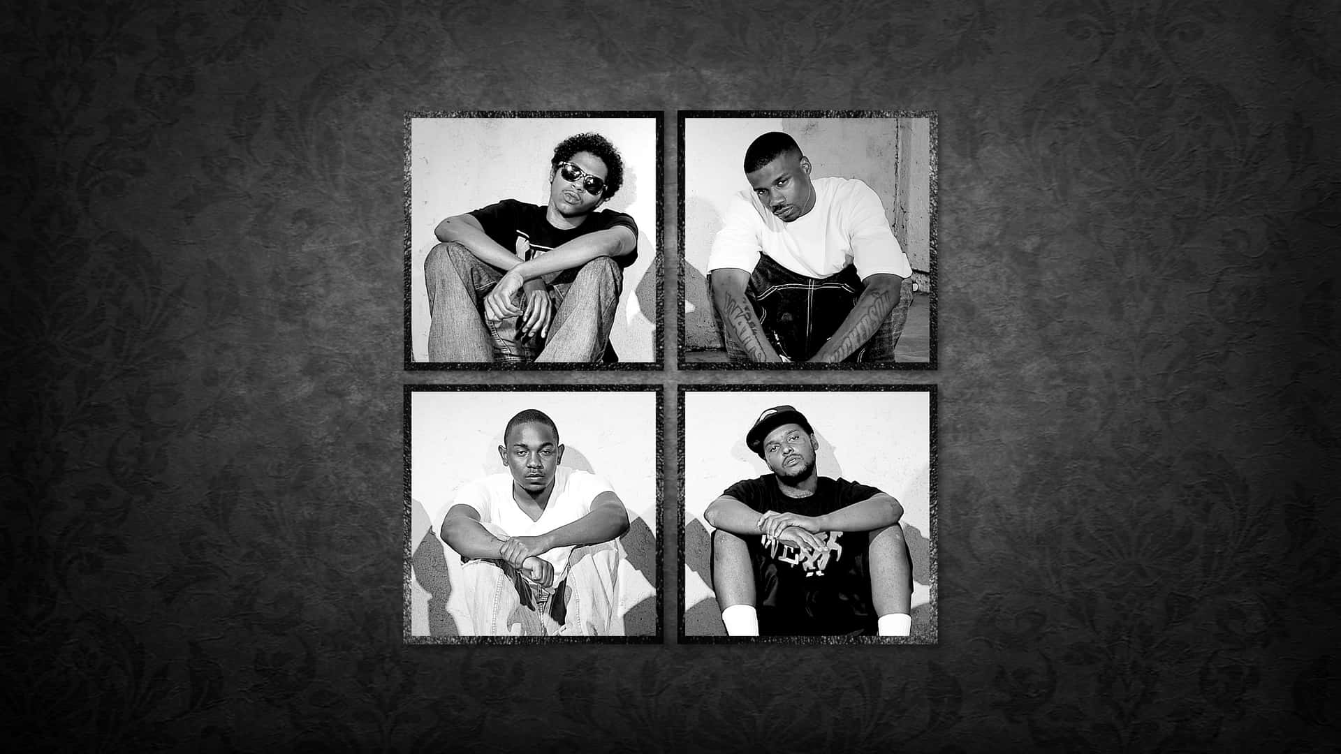 Four Pictures Of Men Sitting On A Black Wall Wallpaper