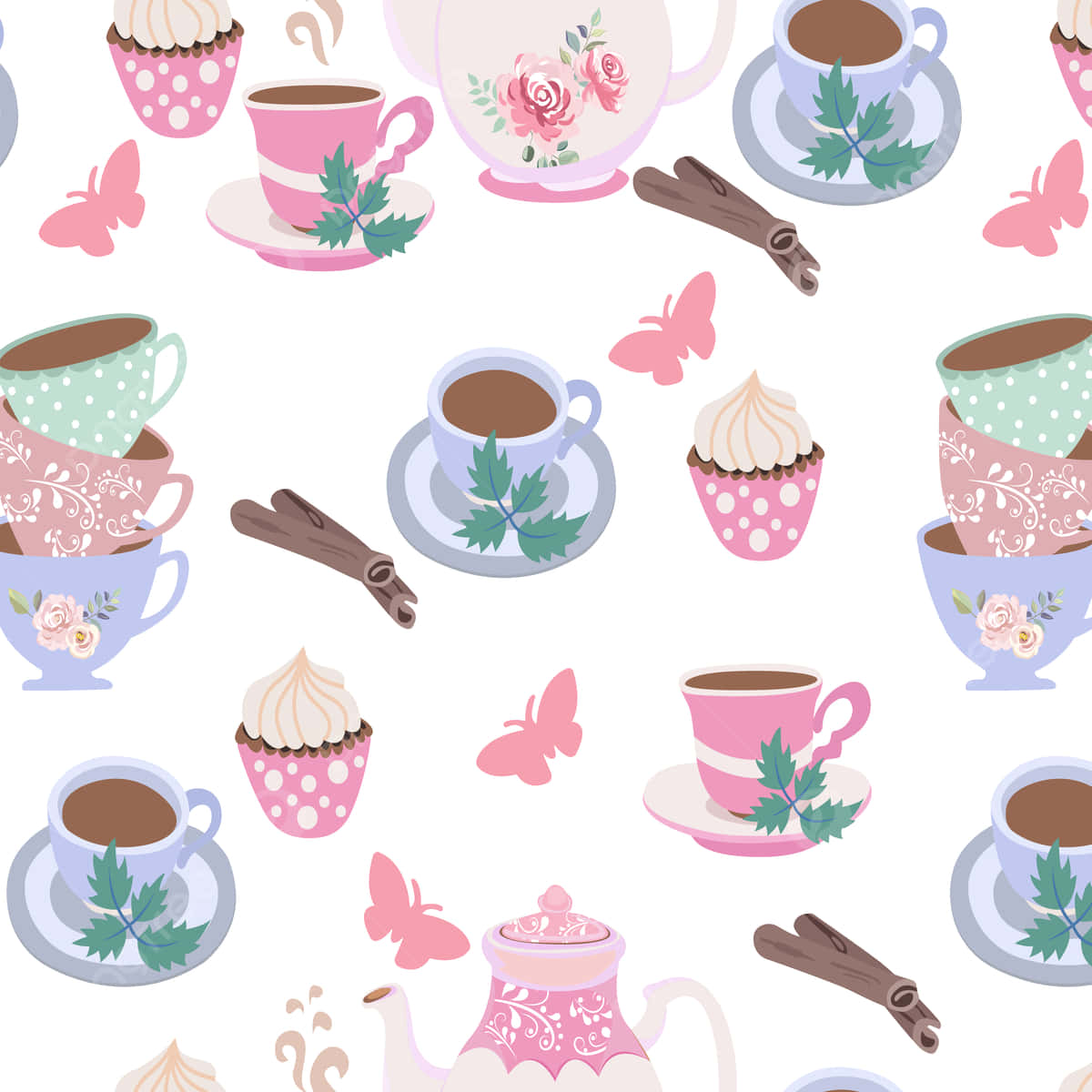 A Pattern With Teapots And Cups