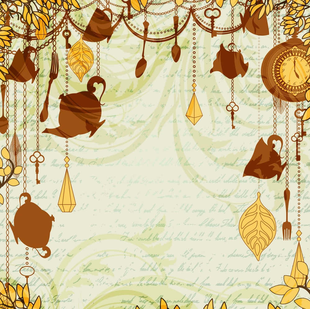 A Vintage Teapot And Teacups Background With Leaves And Flowers