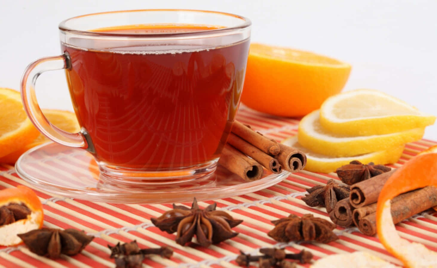 A Cup Of Tea With Cinnamon Sticks And Orange Slices