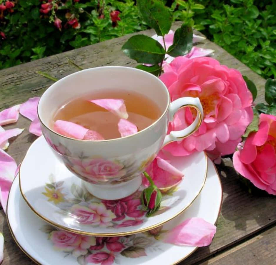 A Cup Of Tea With Rose Petals On It