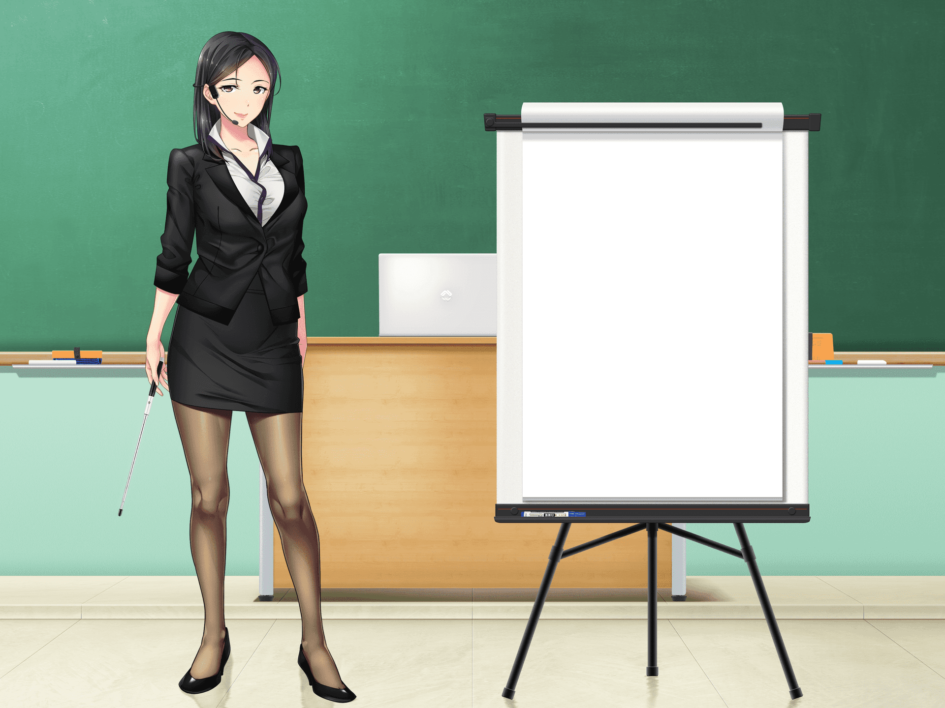 A Woman In A Business Suit Standing Next To A Board