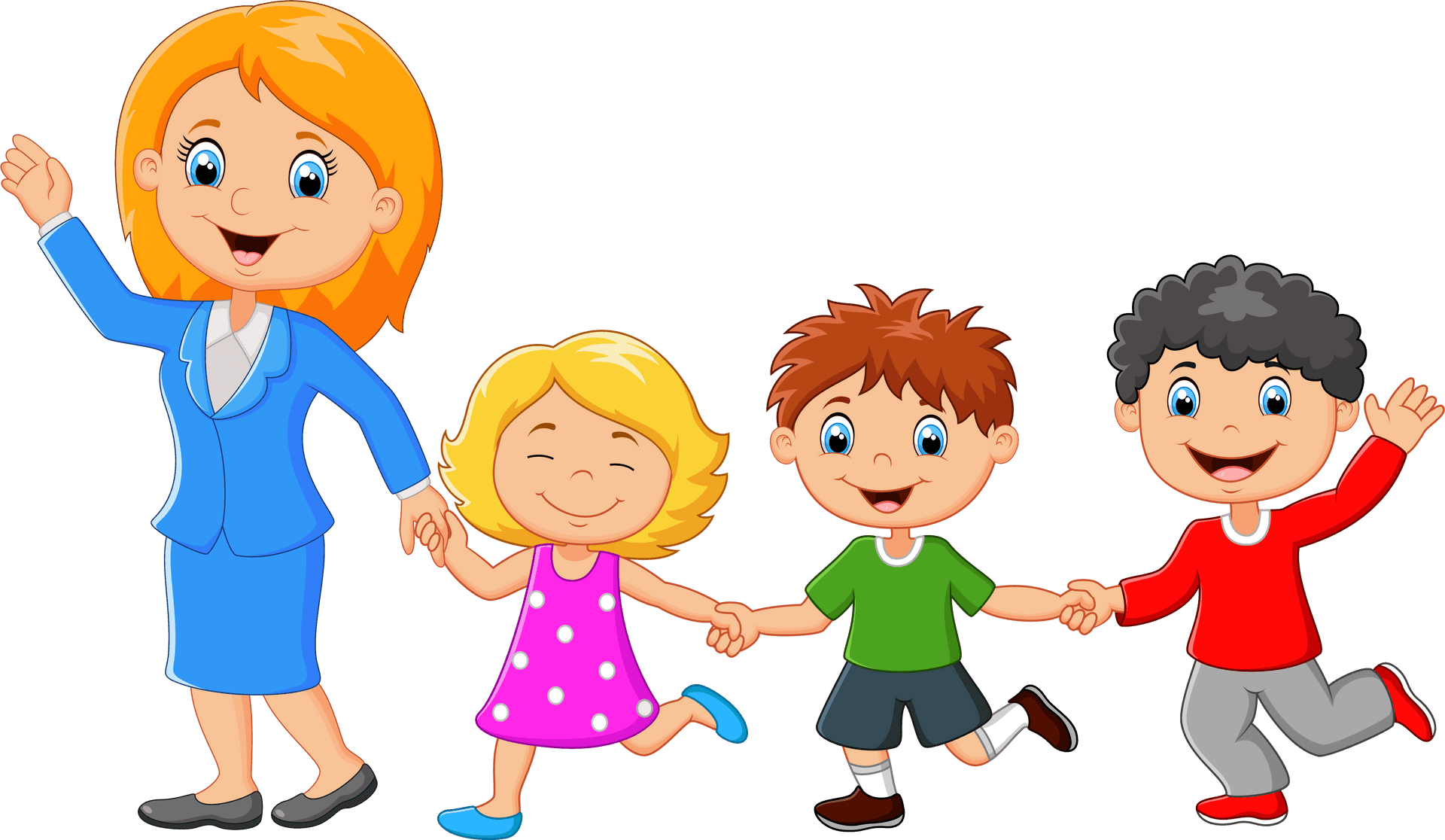 Teacher_and_ Students_ Holding_ Hands_ Cartoon PNG